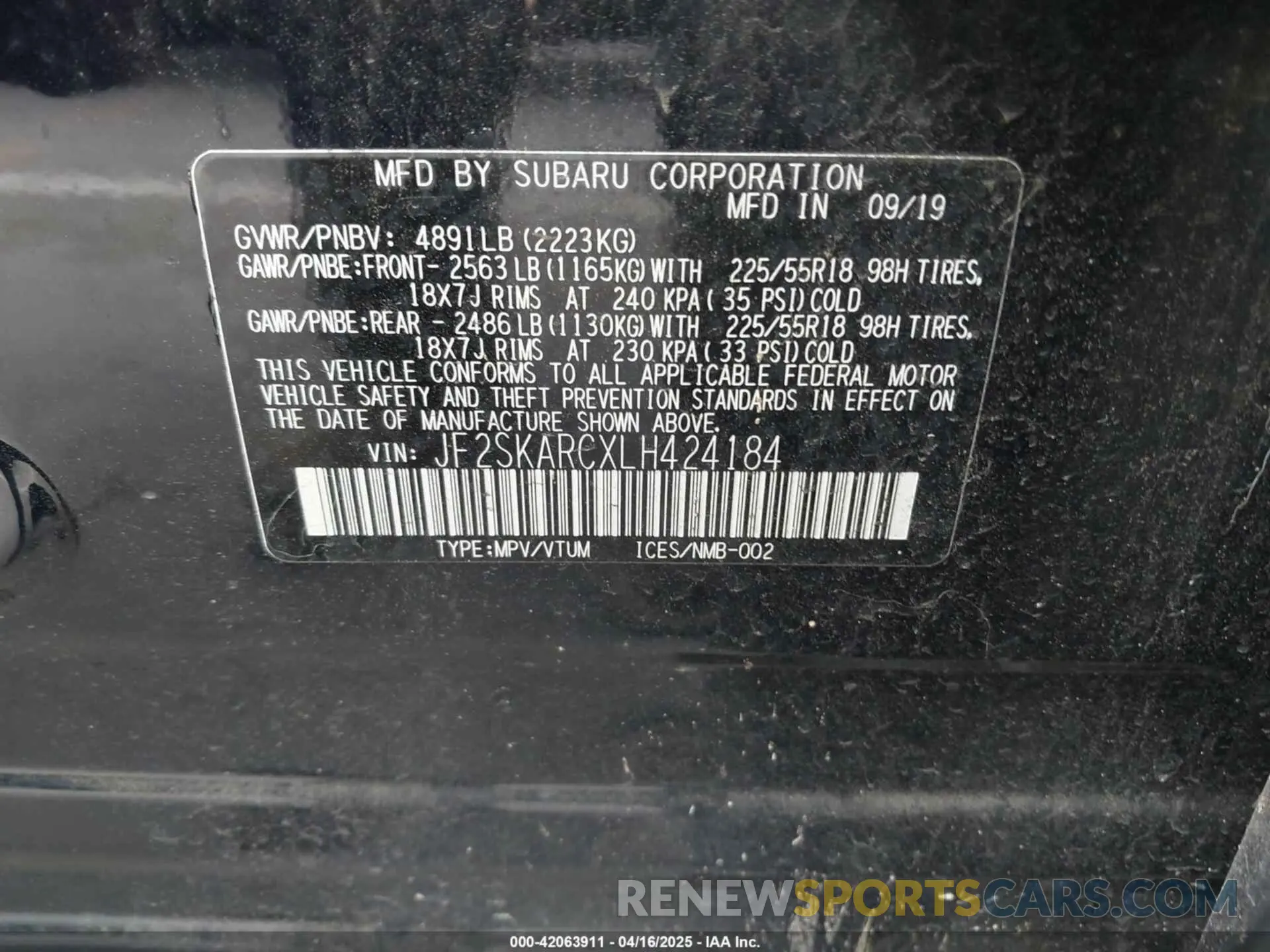 9 Фотография поврежденного автомобиля JF2SKARCXLH424184 SUBARU FORESTER 2020