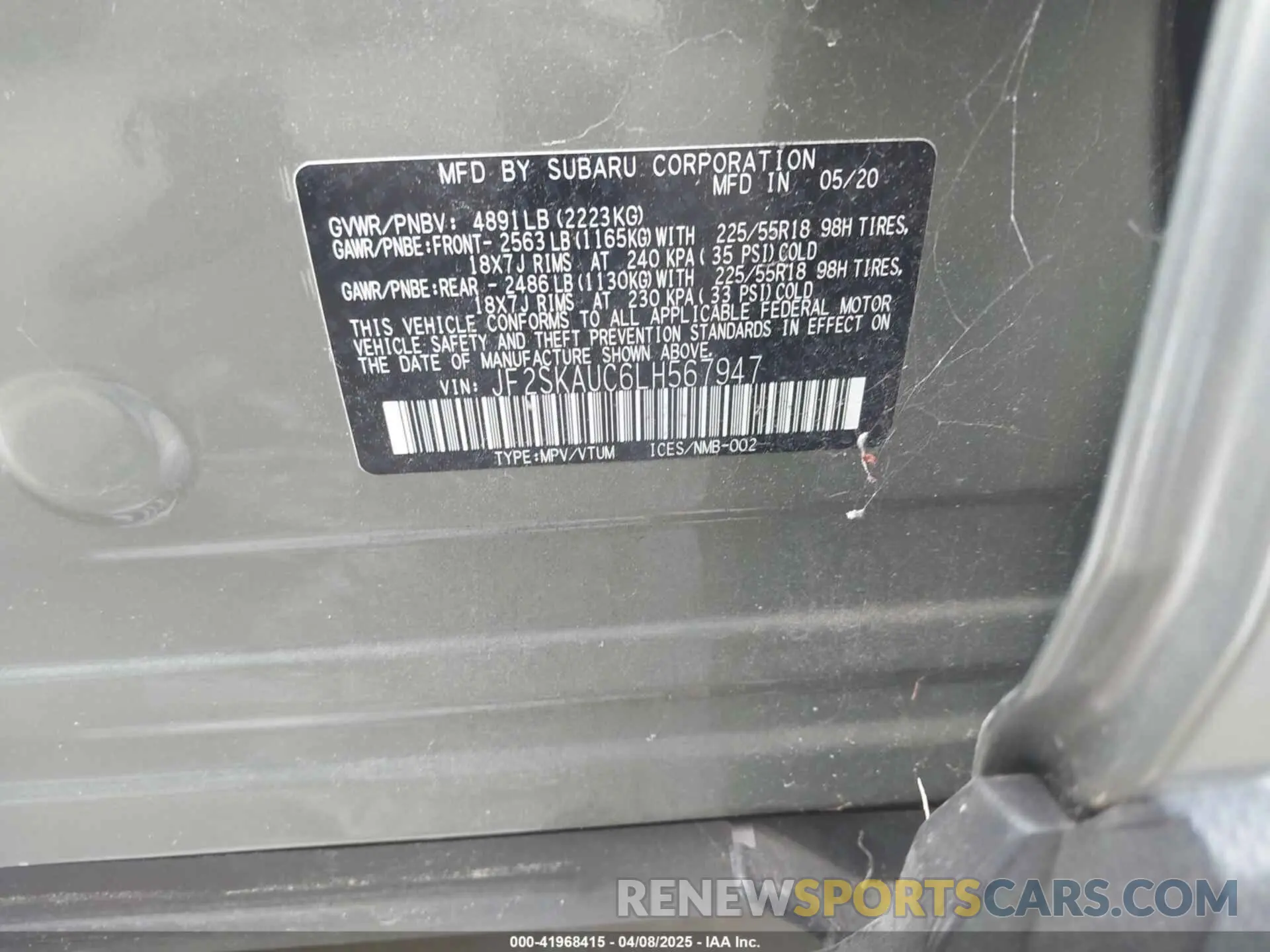 9 Фотография поврежденного автомобиля JF2SKAUC6LH567947 SUBARU FORESTER 2020