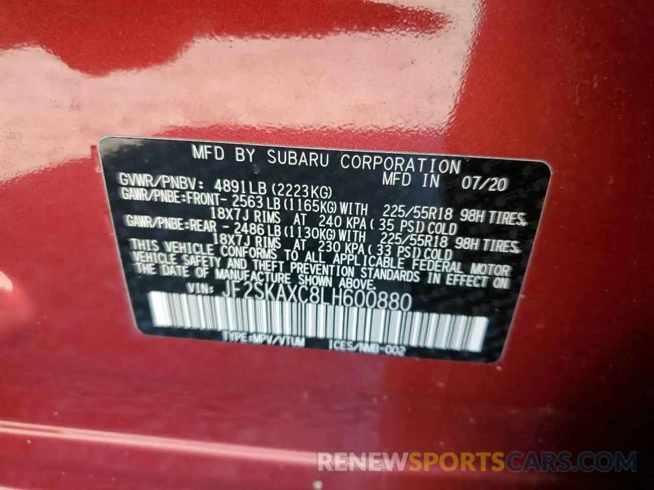 13 Photograph of a damaged car JF2SKAXC8LH600880 SUBARU FORESTER 2020