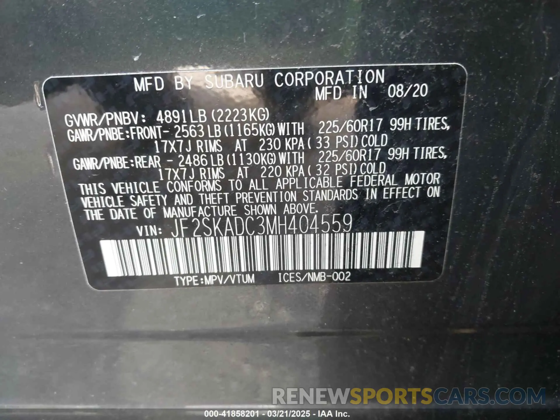 9 Фотография поврежденного автомобиля JF2SKADC3MH404559 SUBARU FORESTER 2021