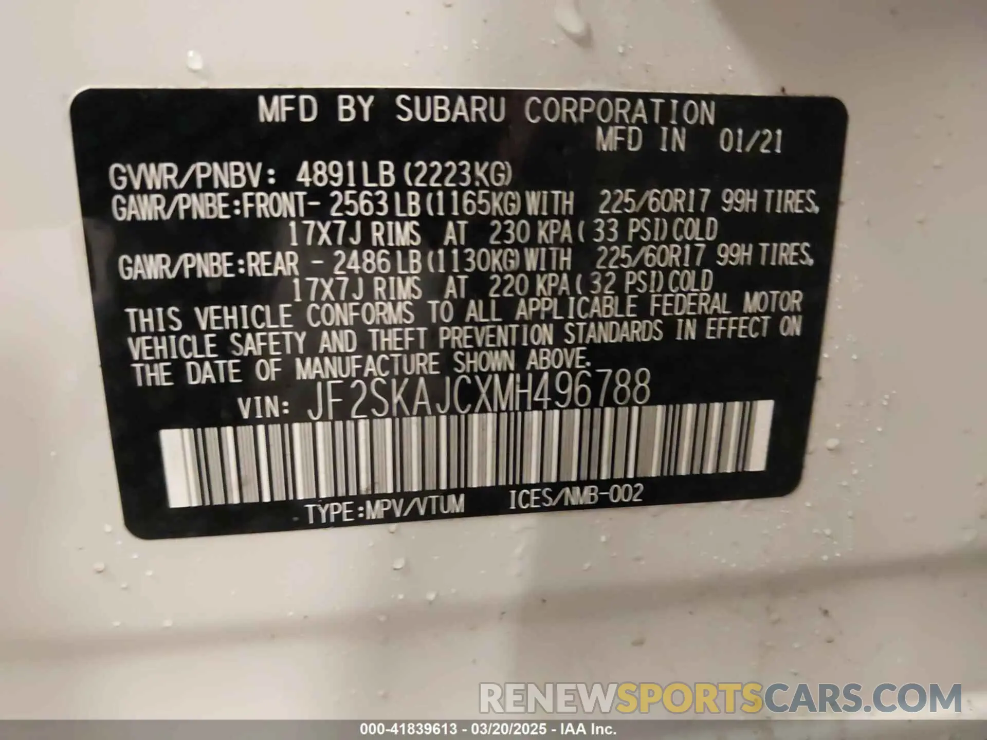 9 Фотография поврежденного автомобиля JF2SKAJCXMH496788 SUBARU FORESTER 2021
