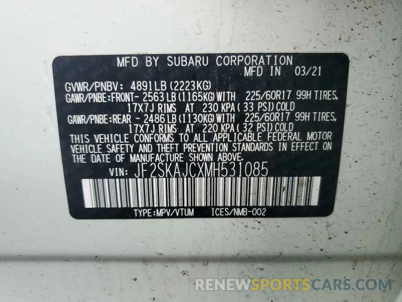 13 Photograph of a damaged car JF2SKAJCXMH531085 SUBARU FORESTER 2021