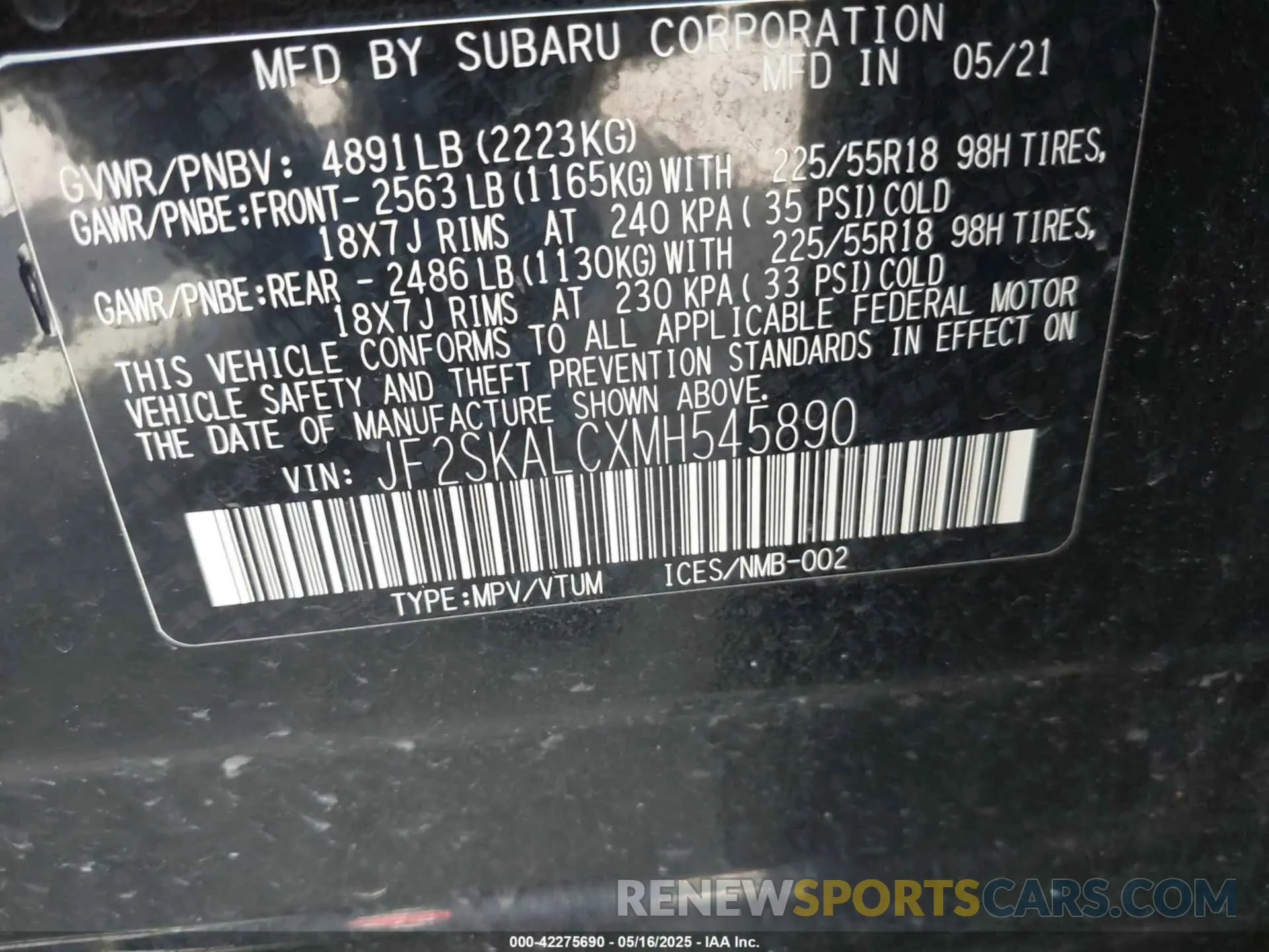 9 Photograph of a damaged car JF2SKALCXMH545890 SUBARU FORESTER 2021