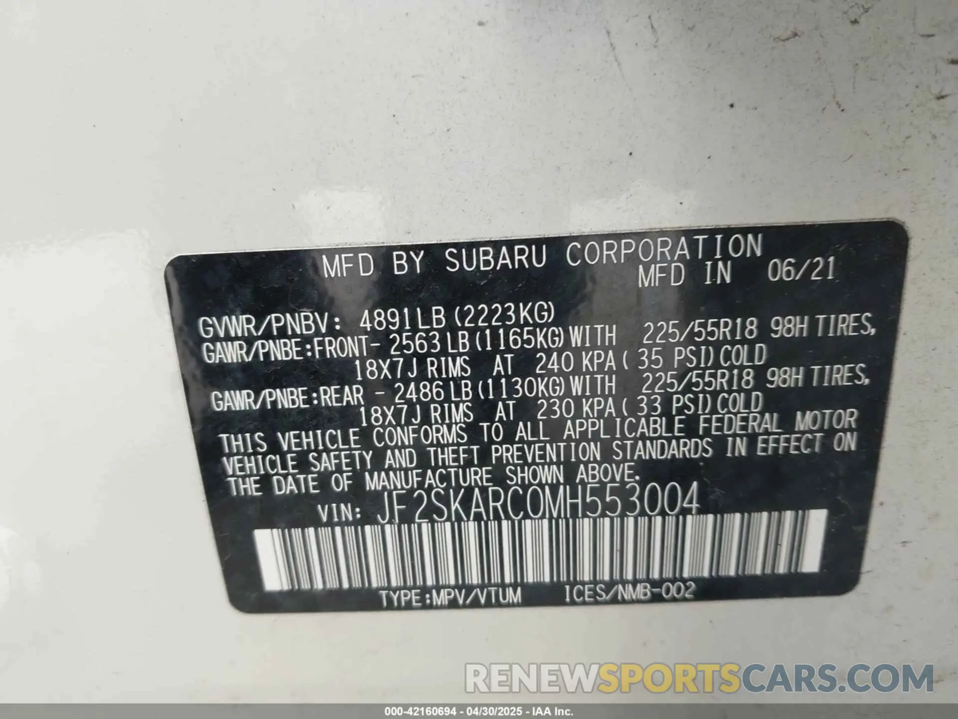 9 Photograph of a damaged car JF2SKARC0MH553004 SUBARU FORESTER 2021