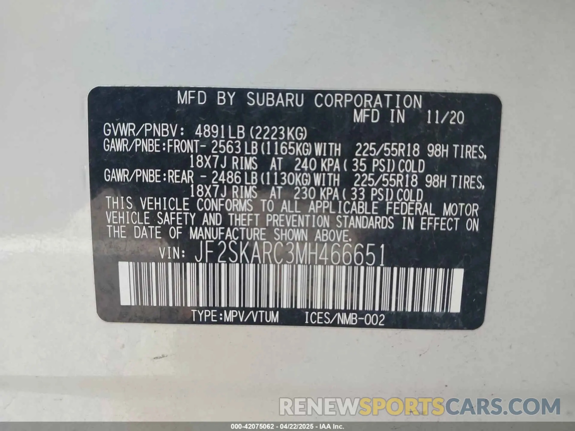 9 Фотография поврежденного автомобиля JF2SKARC3MH466651 SUBARU FORESTER 2021