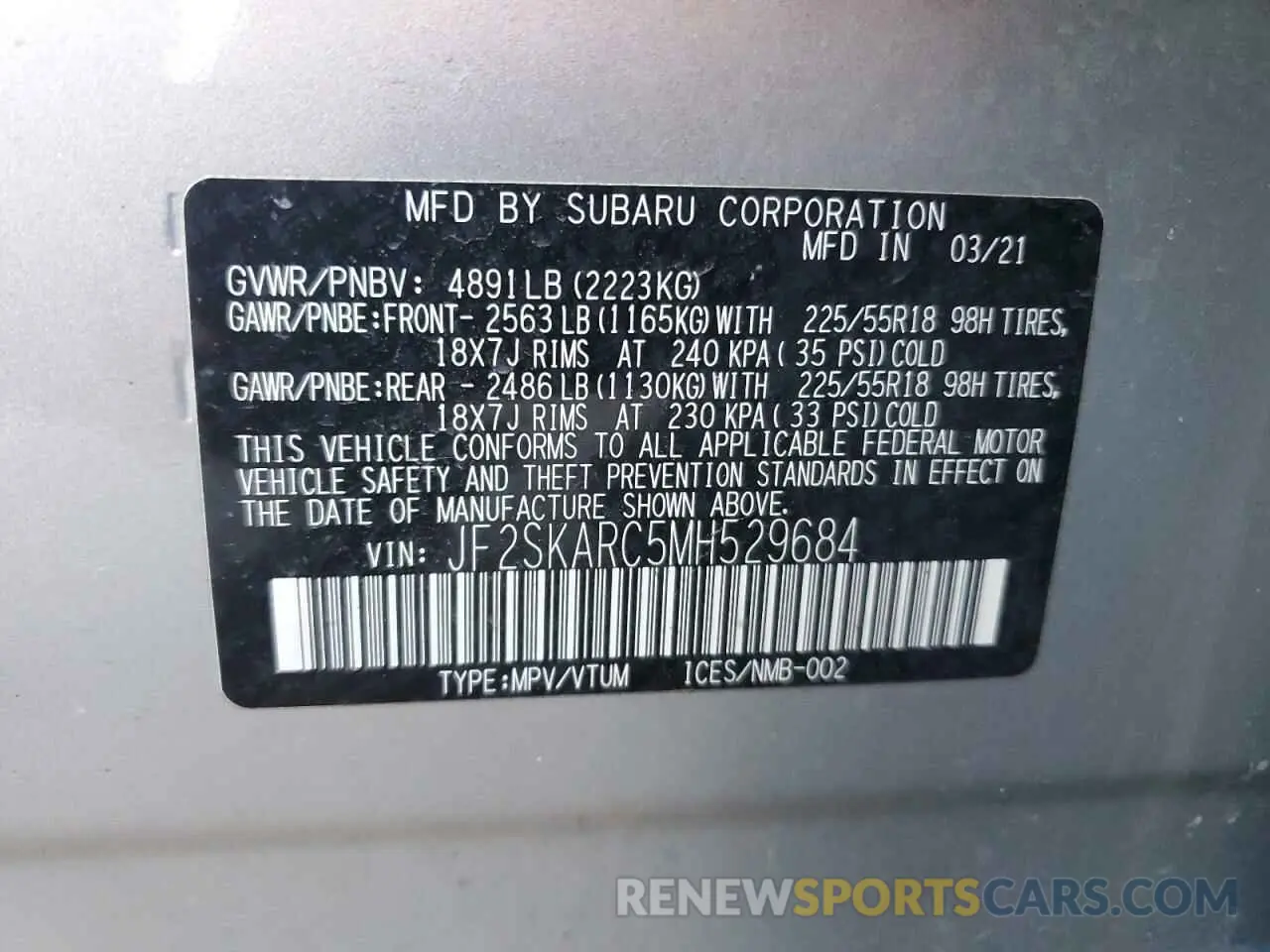 13 Photograph of a damaged car JF2SKARC5MH529684 SUBARU FORESTER 2021