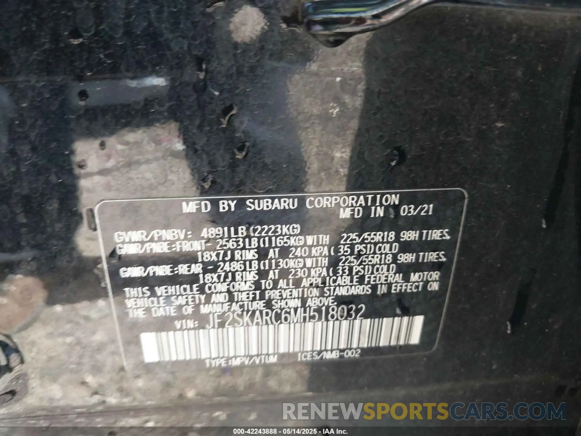 9 Фотография поврежденного автомобиля JF2SKARC6MH518032 SUBARU FORESTER 2021