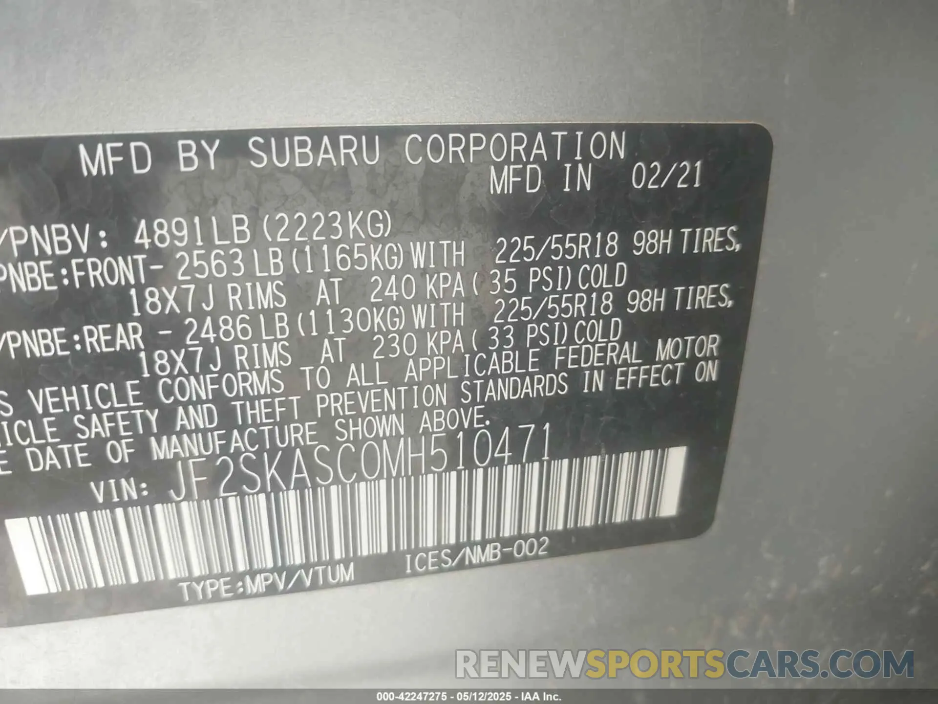 9 Photograph of a damaged car JF2SKASC0MH510471 SUBARU FORESTER 2021