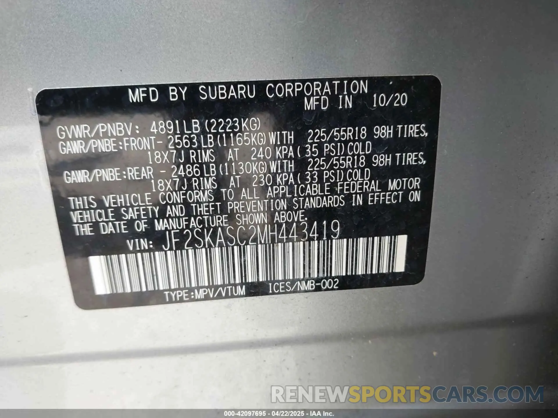 9 Photograph of a damaged car JF2SKASC2MH443419 SUBARU FORESTER 2021