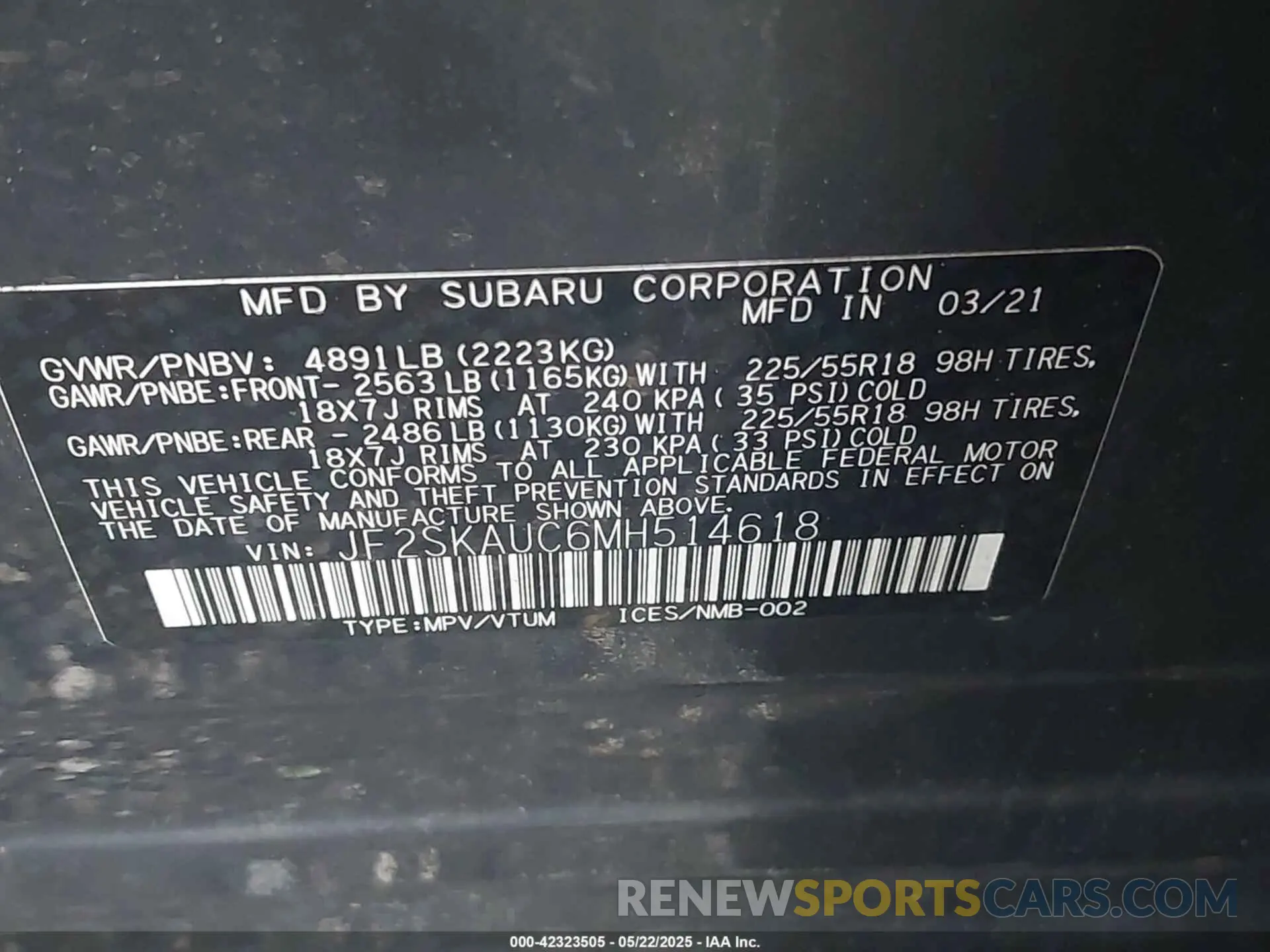 9 Фотография поврежденного автомобиля JF2SKAUC6MH514618 SUBARU FORESTER 2021