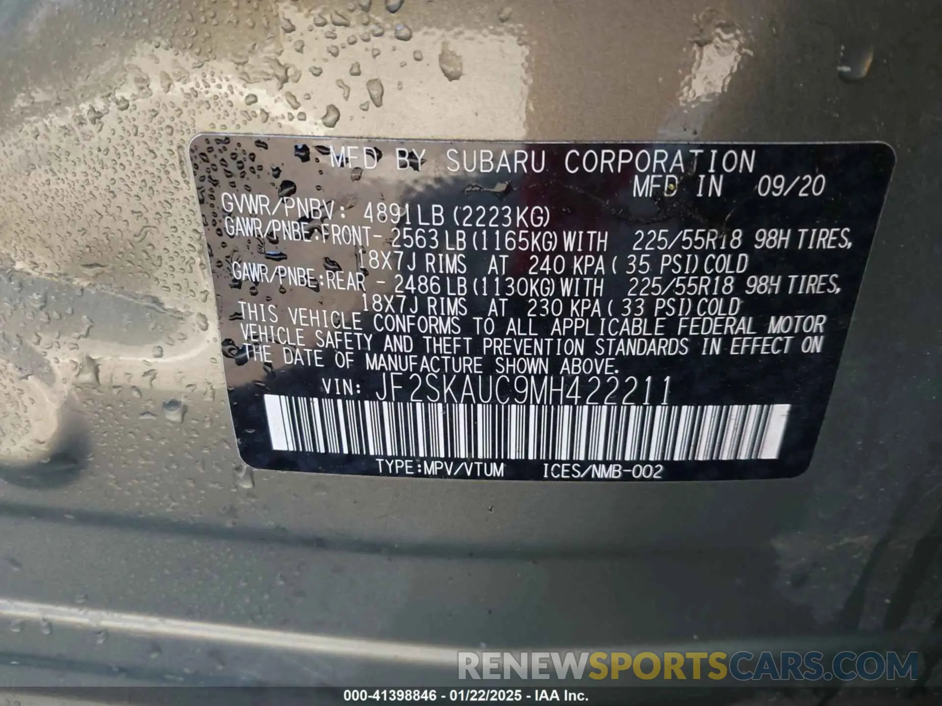9 Фотография поврежденного автомобиля JF2SKAUC9MH422211 SUBARU FORESTER 2021