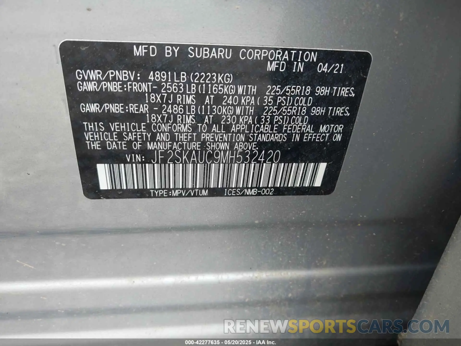 9 Фотография поврежденного автомобиля JF2SKAUC9MH532420 SUBARU FORESTER 2021