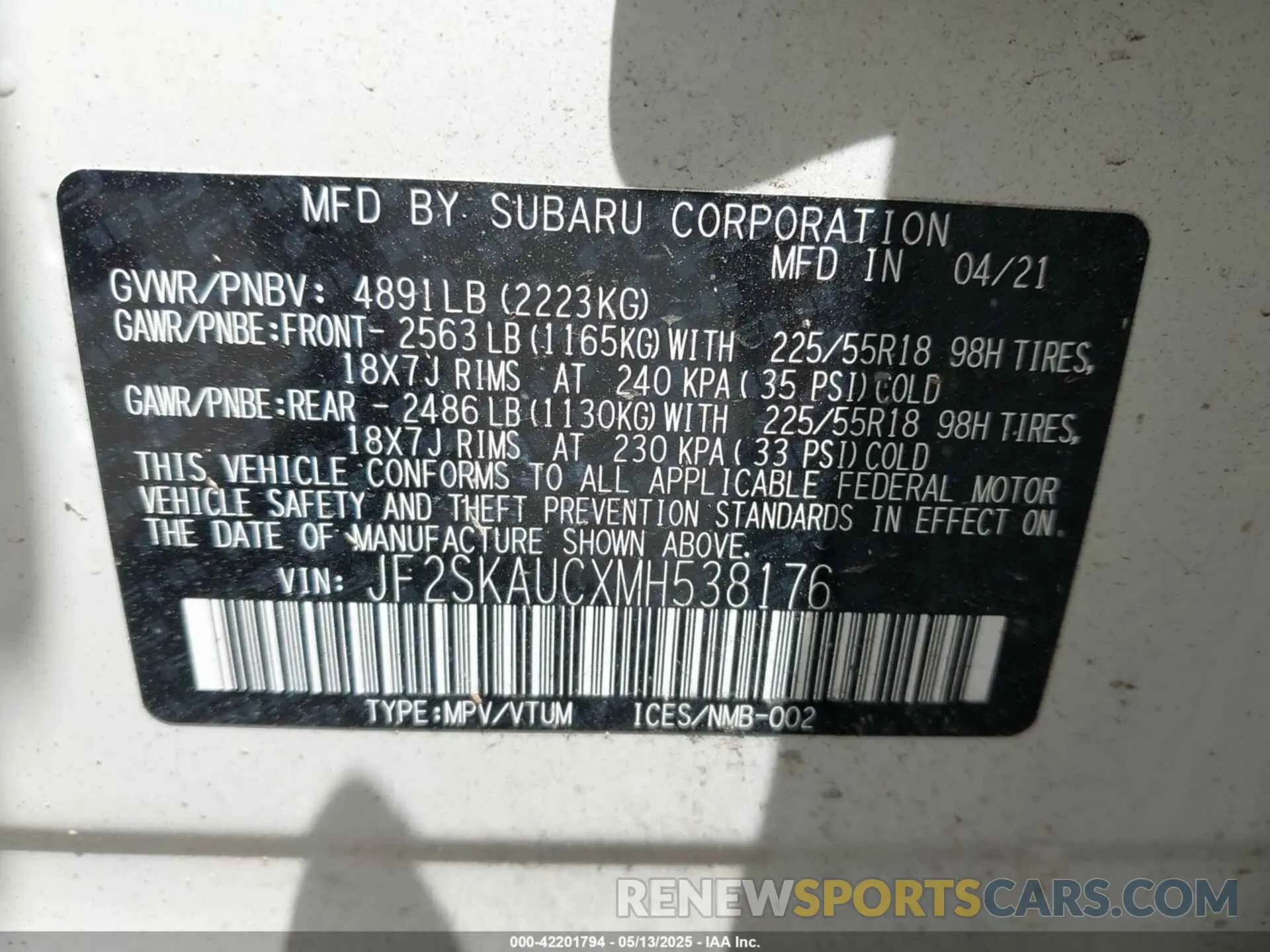 9 Фотография поврежденного автомобиля JF2SKAUCXMH538176 SUBARU FORESTER 2021
