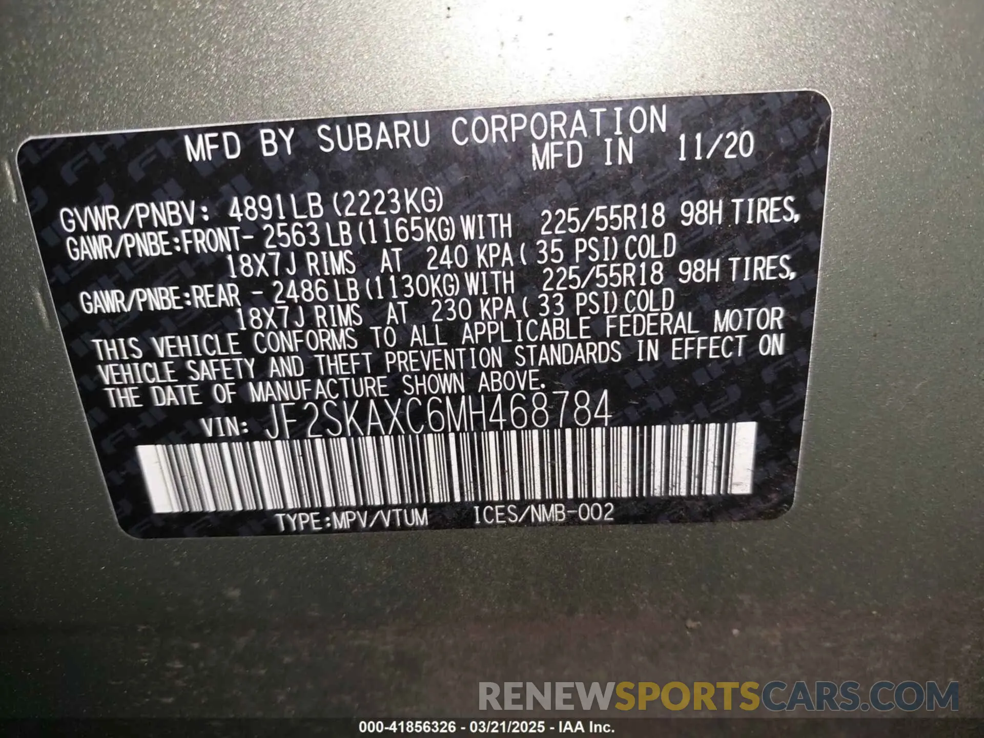 9 Фотография поврежденного автомобиля JF2SKAXC6MH468784 SUBARU FORESTER 2021