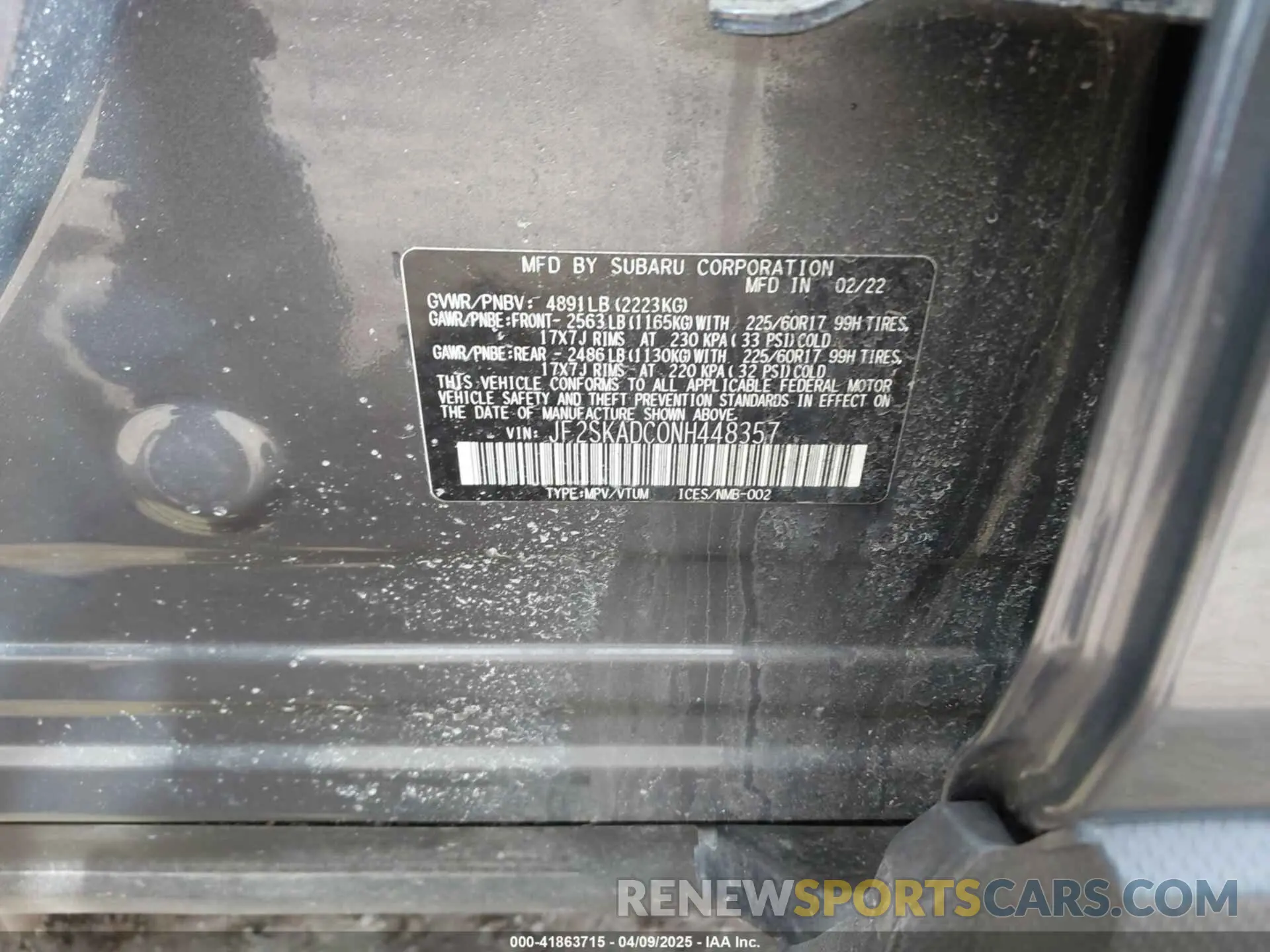 9 Фотография поврежденного автомобиля JF2SKADC0NH448357 SUBARU FORESTER 2022