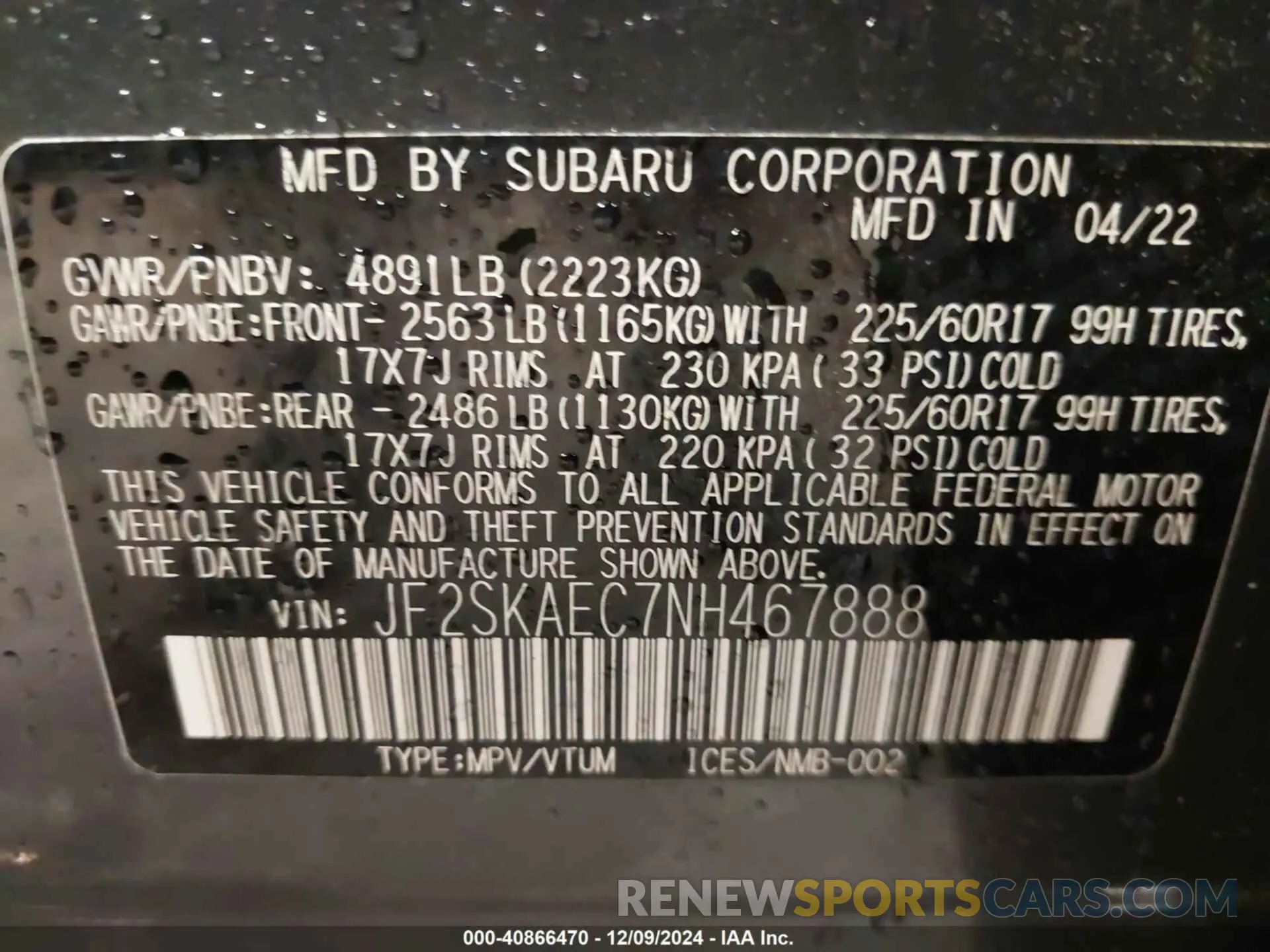 9 Фотография поврежденного автомобиля JF2SKAEC7NH467888 SUBARU FORESTER 2022
