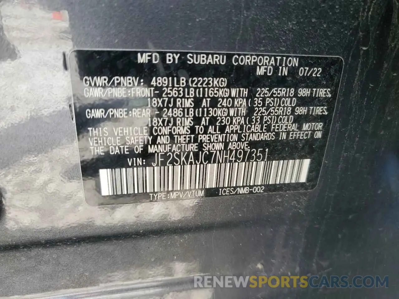14 Photograph of a damaged car JF2SKAJC7NH497351 SUBARU FORESTER 2022