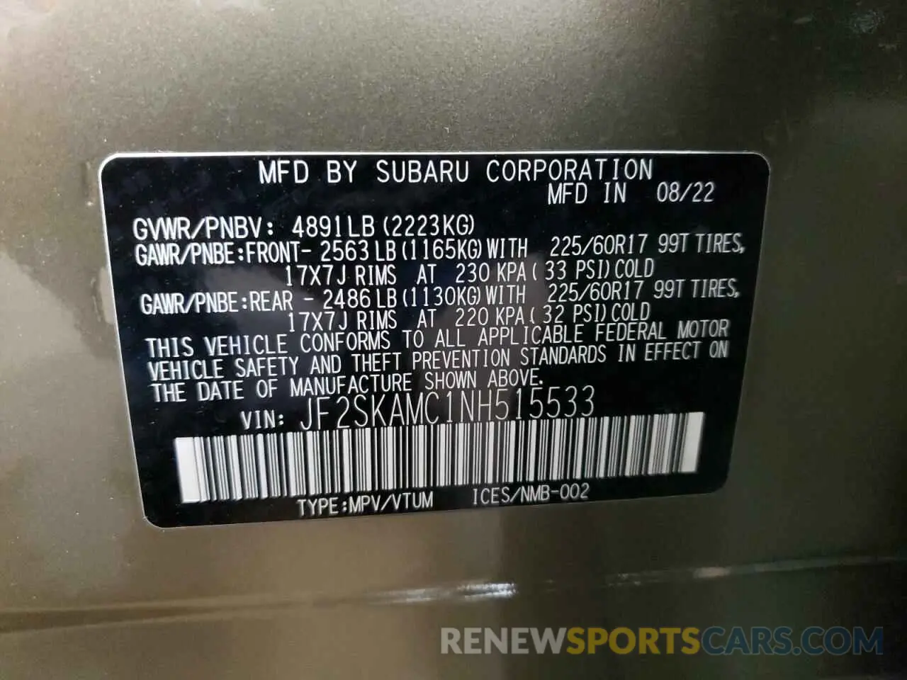 14 Photograph of a damaged car JF2SKAMC1NH515533 SUBARU FORESTER 2022