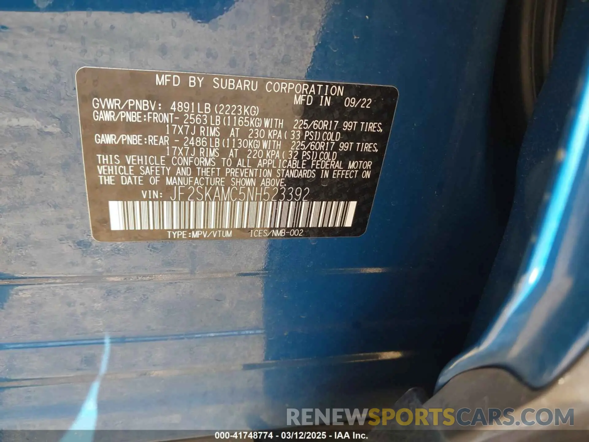 9 Photograph of a damaged car JF2SKAMC5NH523392 SUBARU FORESTER 2022