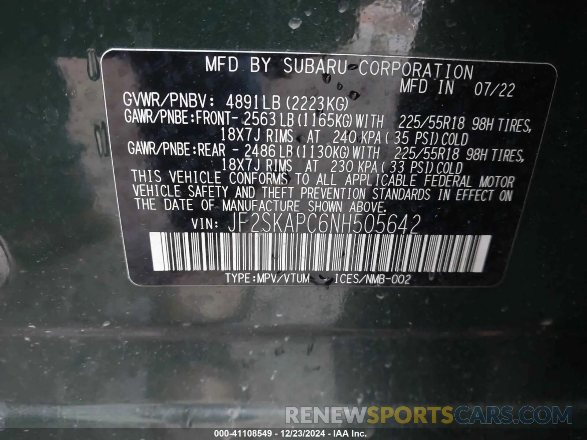 9 Фотография поврежденного автомобиля JF2SKAPC6NH505642 SUBARU FORESTER 2022