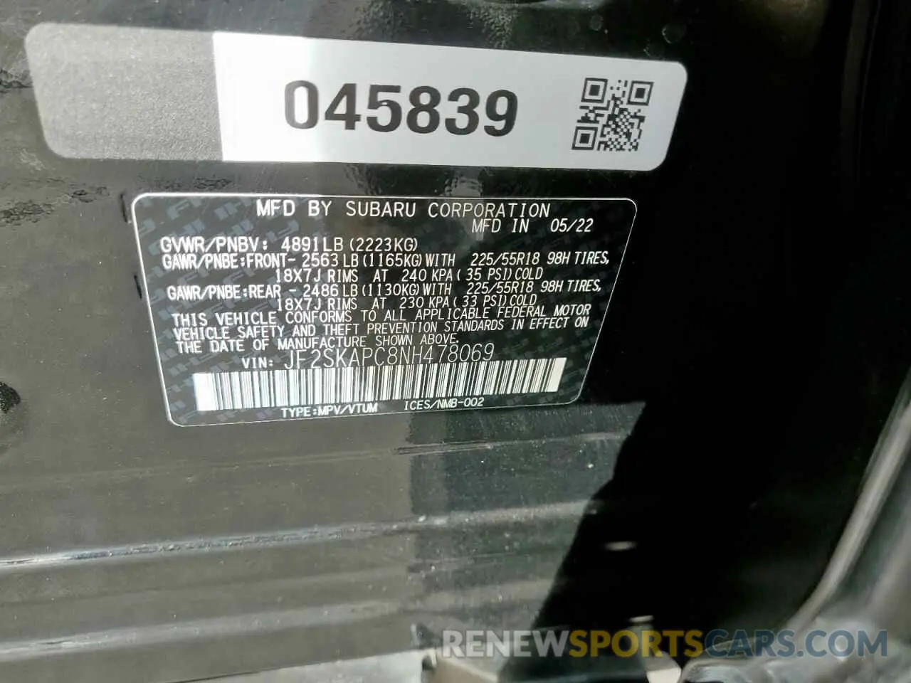 12 Фотография поврежденного автомобиля JF2SKAPC8NH478069 SUBARU FORESTER 2022