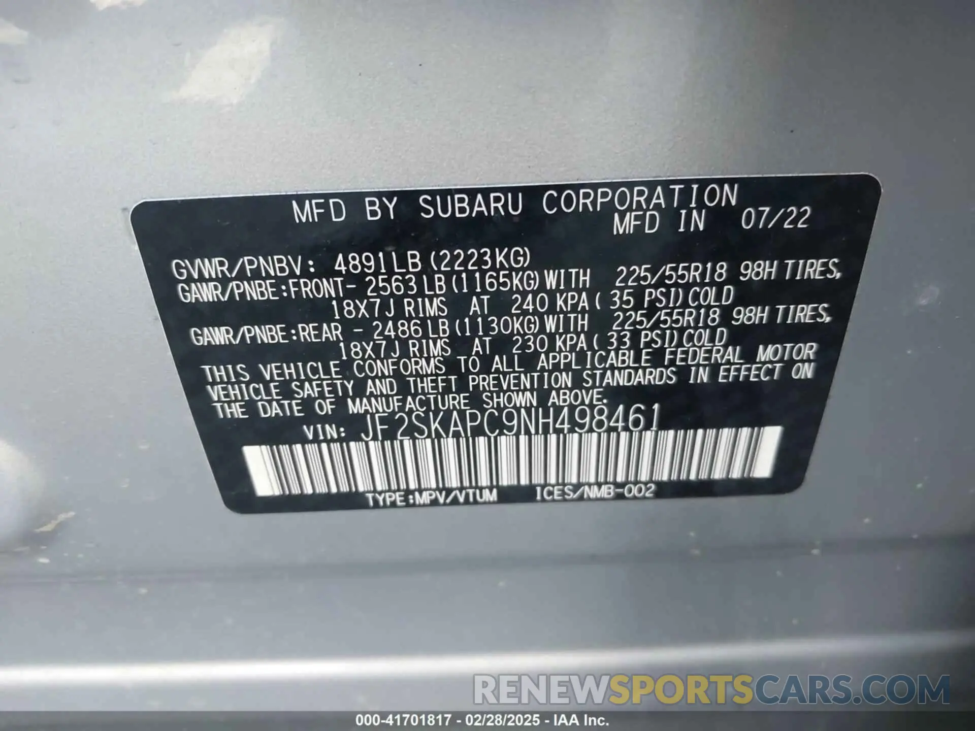9 Photograph of a damaged car JF2SKAPC9NH498461 SUBARU FORESTER 2022