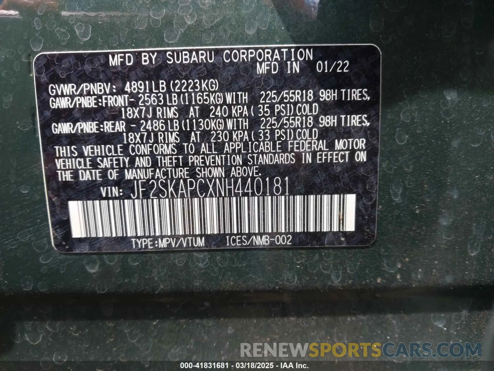 9 Фотография поврежденного автомобиля JF2SKAPCXNH440181 SUBARU FORESTER 2022