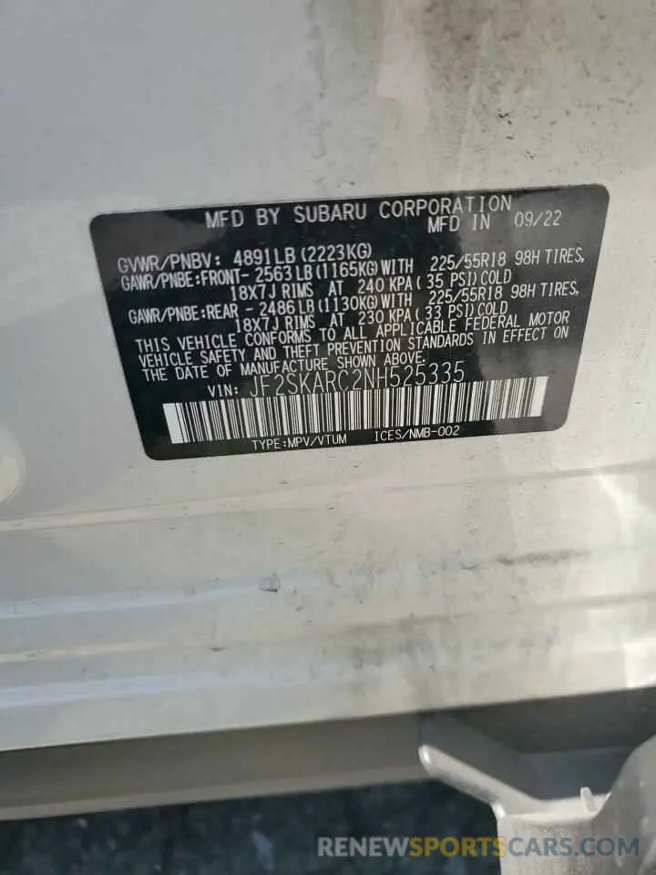 13 Фотография поврежденного автомобиля JF2SKARC2NH525335 SUBARU FORESTER 2022