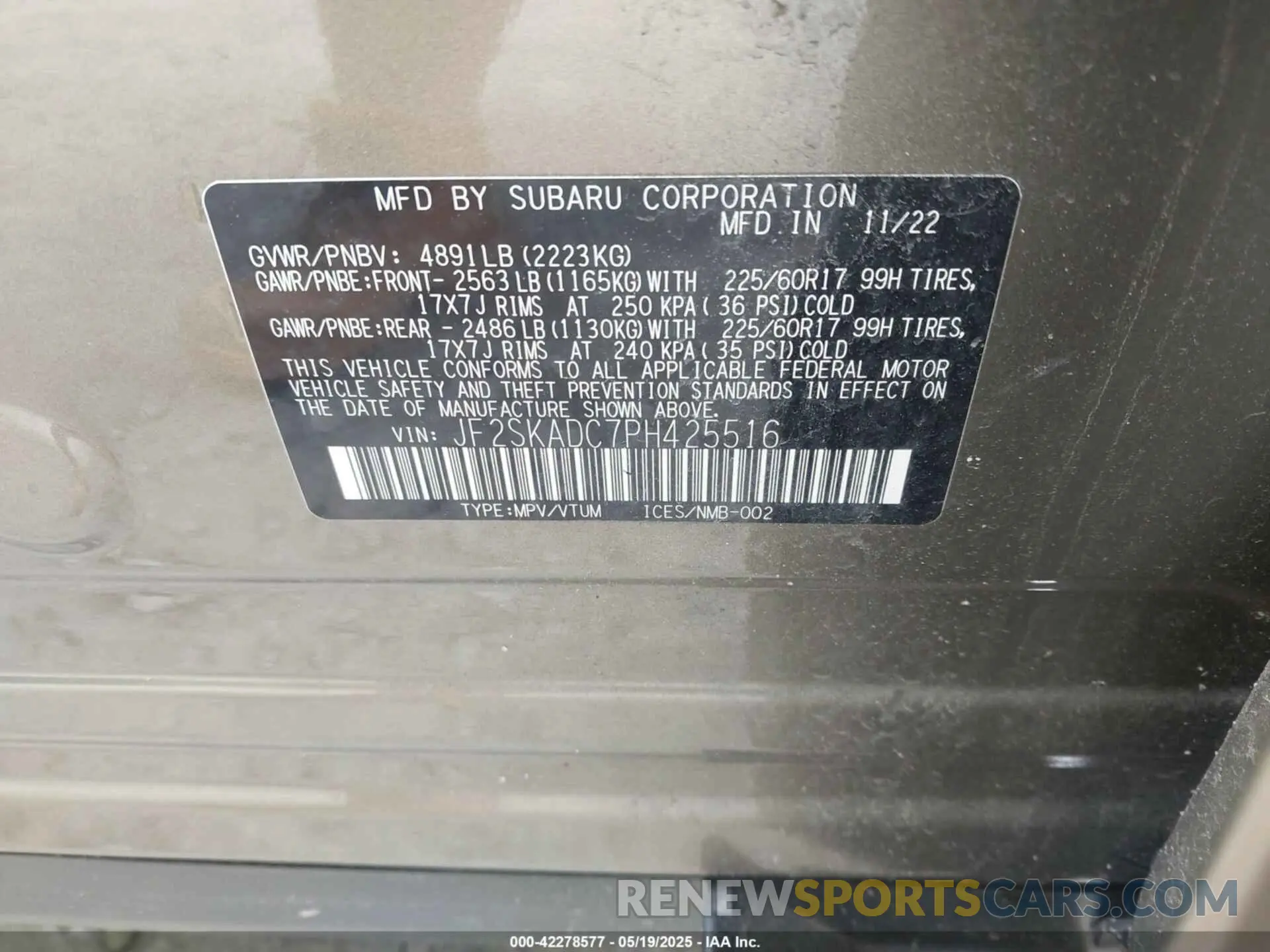 9 Фотография поврежденного автомобиля JF2SKADC7PH425516 SUBARU FORESTER 2023