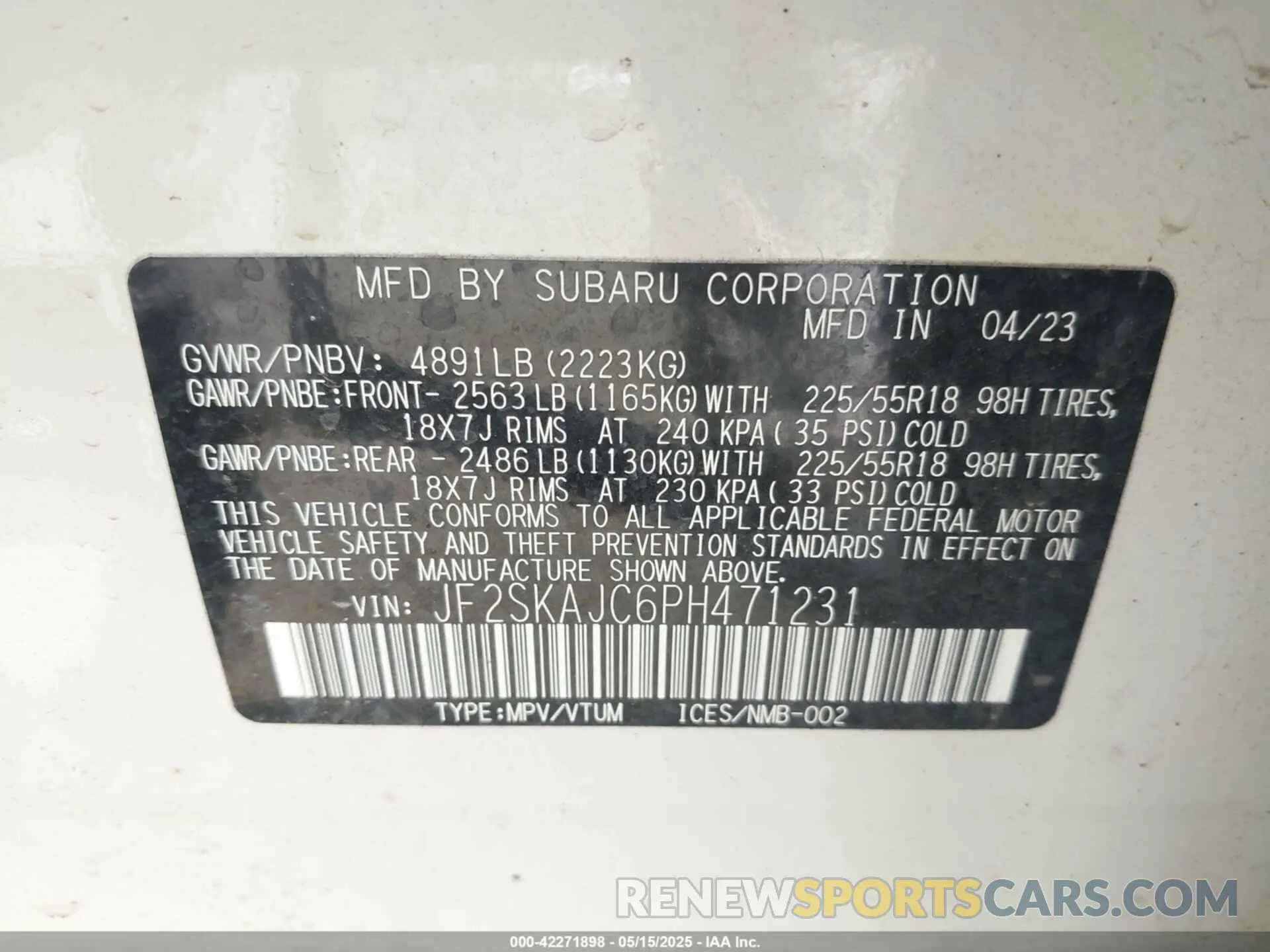 9 Фотография поврежденного автомобиля JF2SKAJC6PH471231 SUBARU FORESTER 2023