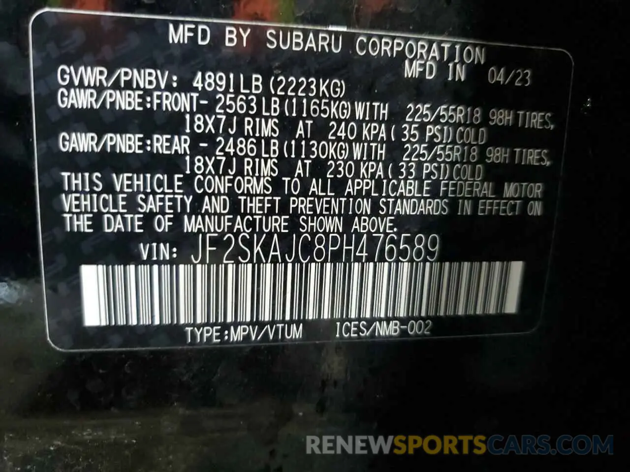 14 Photograph of a damaged car JF2SKAJC8PH476589 SUBARU FORESTER 2023