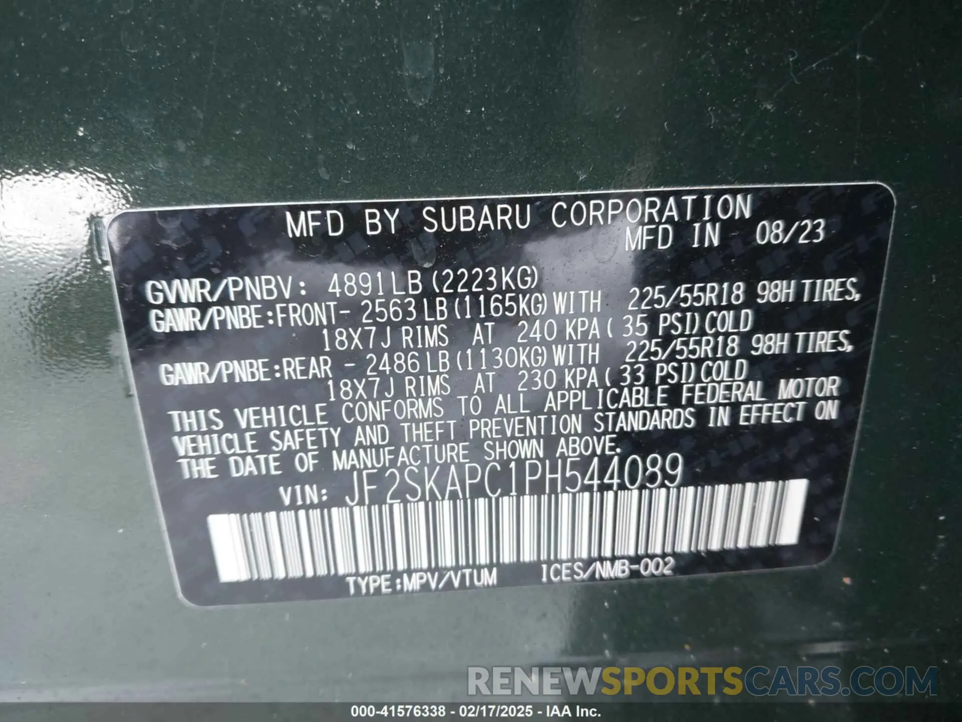 9 Photograph of a damaged car JF2SKAPC1PH544089 SUBARU FORESTER 2023