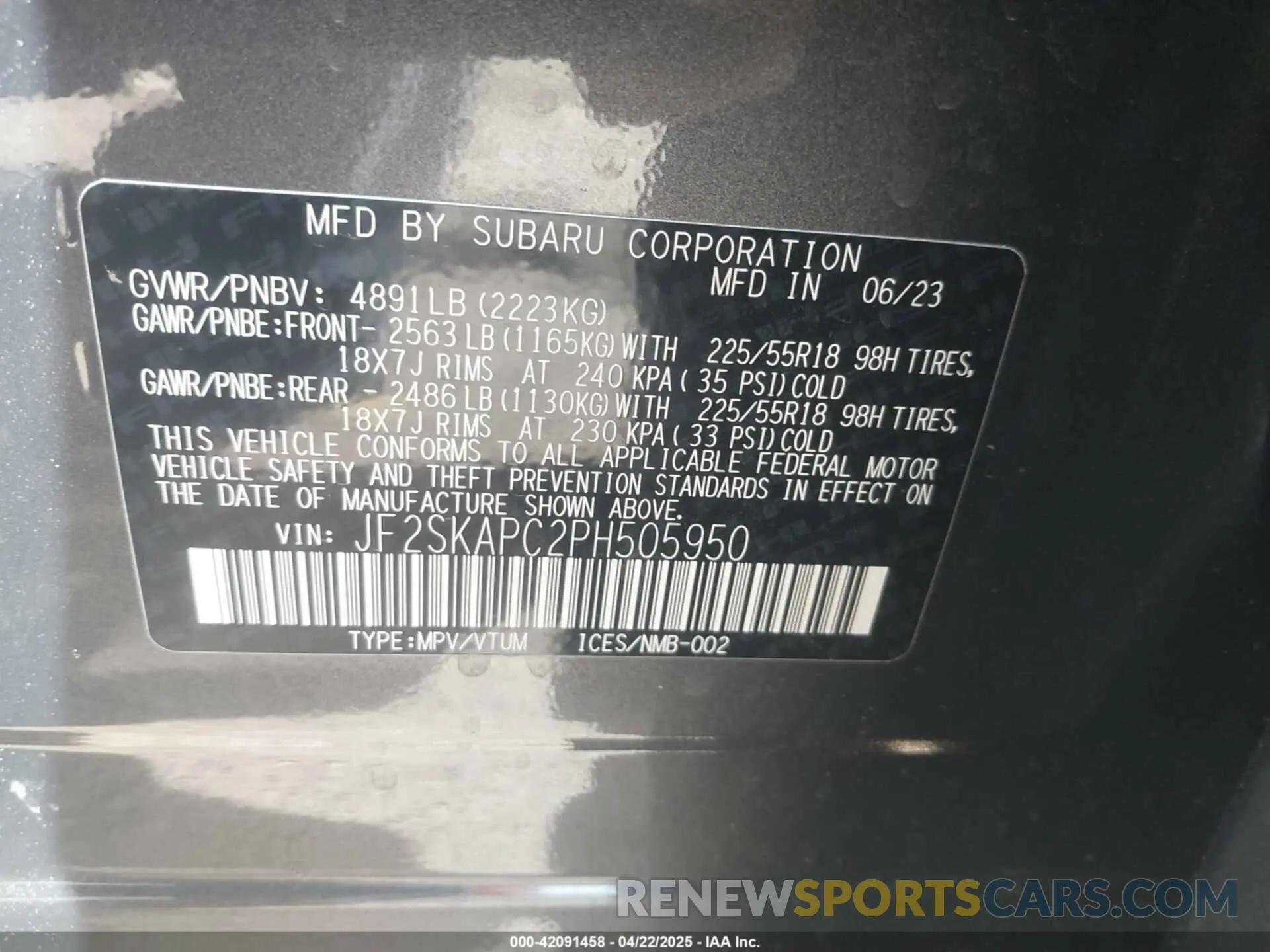 9 Фотография поврежденного автомобиля JF2SKAPC2PH505950 SUBARU FORESTER 2023