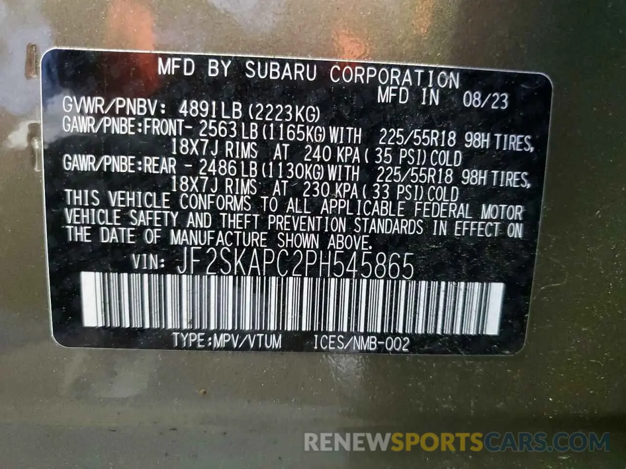 14 Photograph of a damaged car JF2SKAPC2PH545865 SUBARU FORESTER 2023