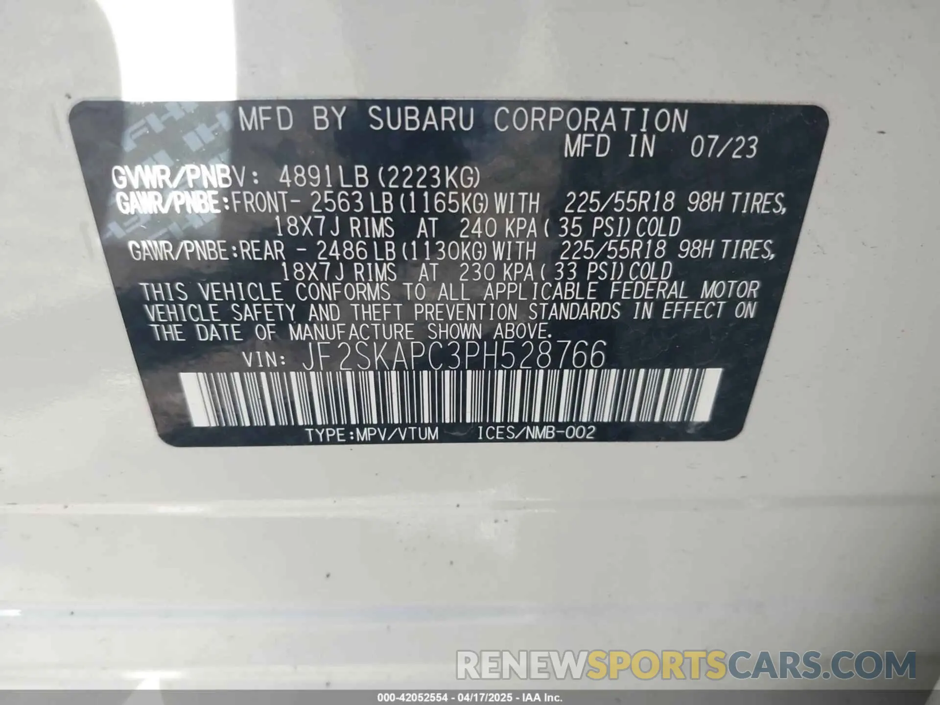 9 Фотография поврежденного автомобиля JF2SKAPC3PH528766 SUBARU FORESTER 2023