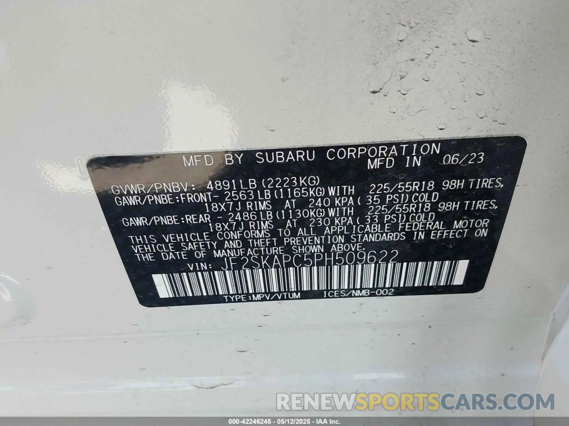 9 Photograph of a damaged car JF2SKAPC5PH509622 SUBARU FORESTER 2023