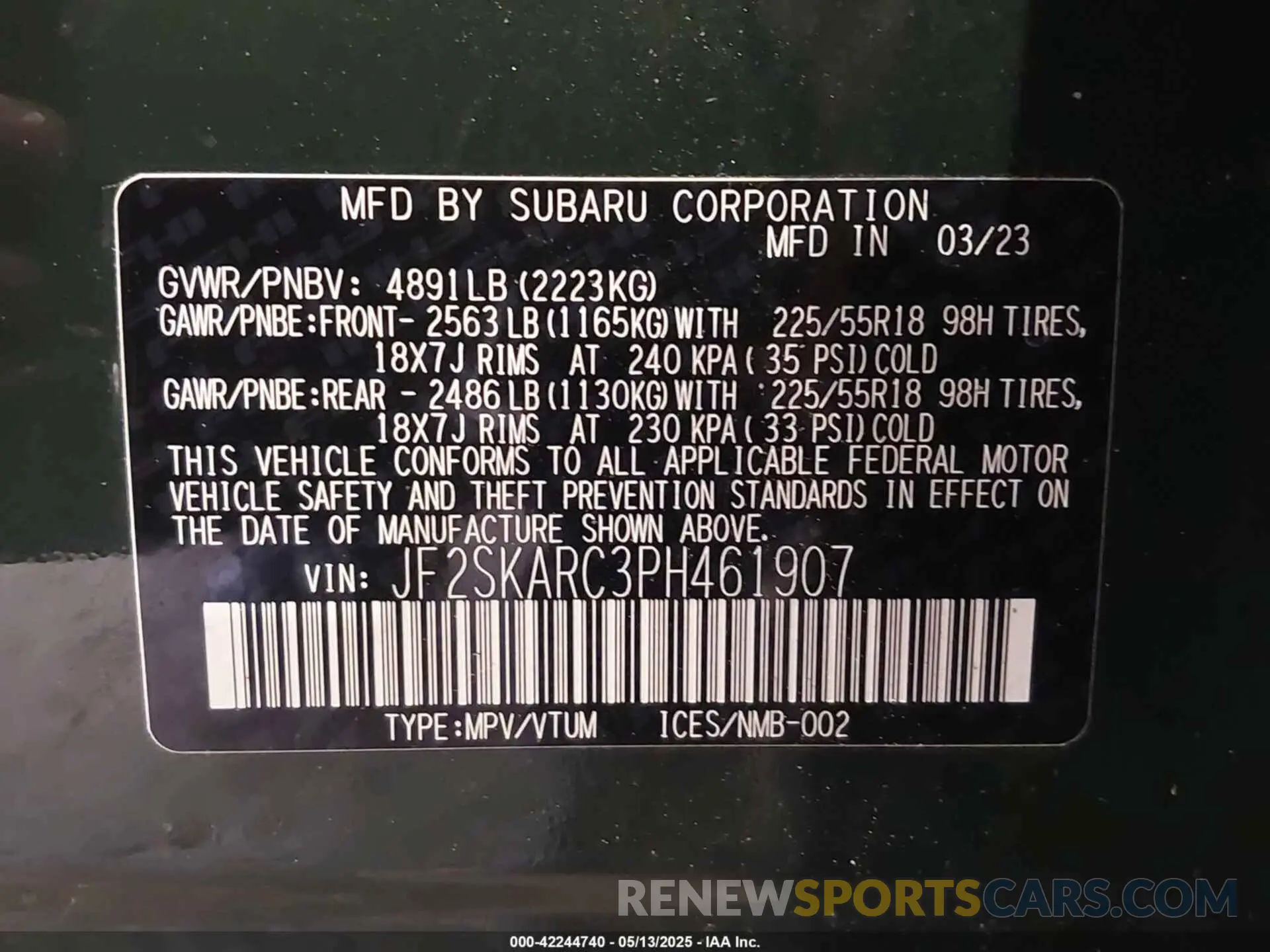9 Фотография поврежденного автомобиля JF2SKARC3PH461907 SUBARU FORESTER 2023