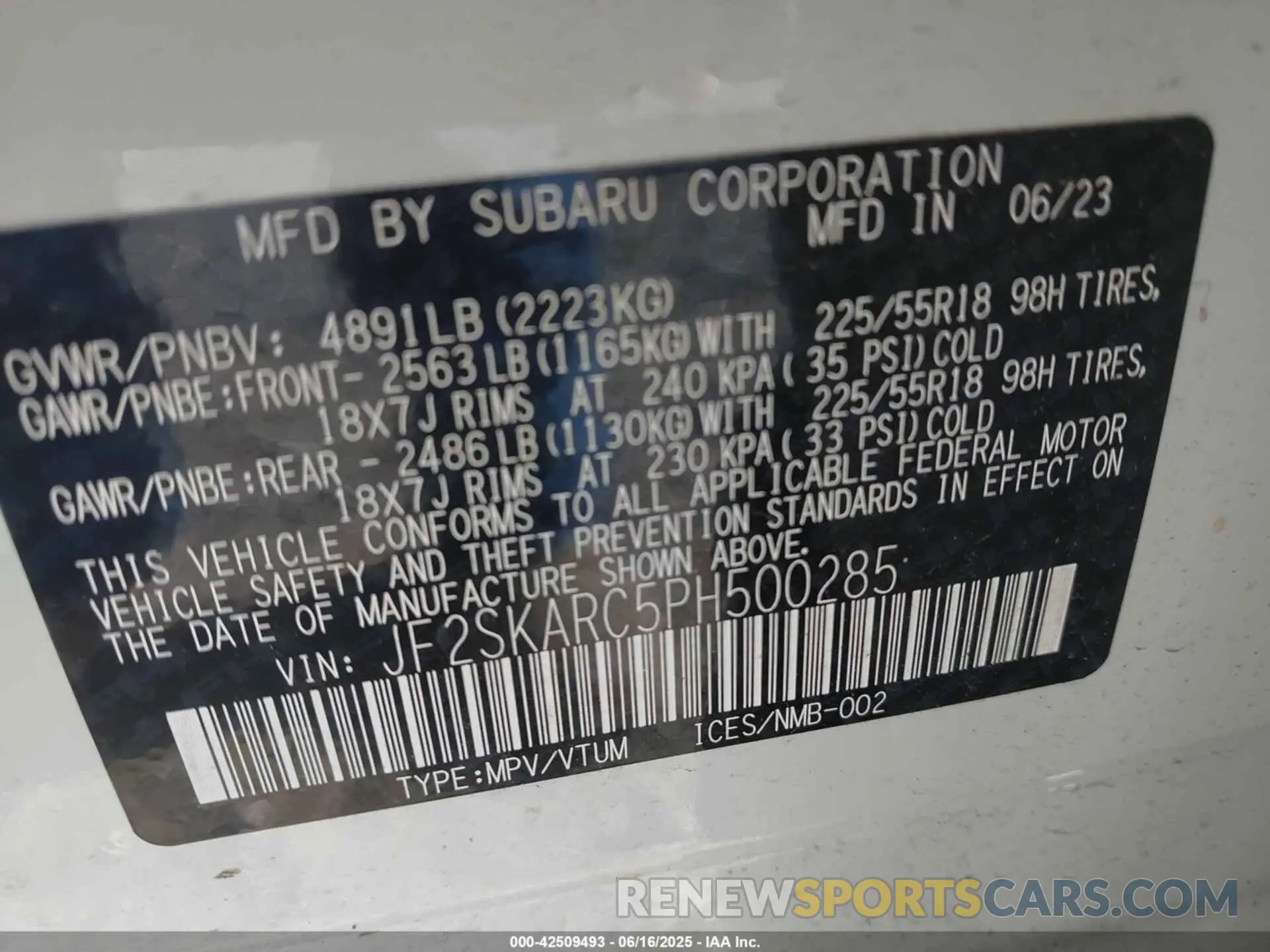 9 Фотография поврежденного автомобиля JF2SKARC5PH500285 SUBARU FORESTER 2023