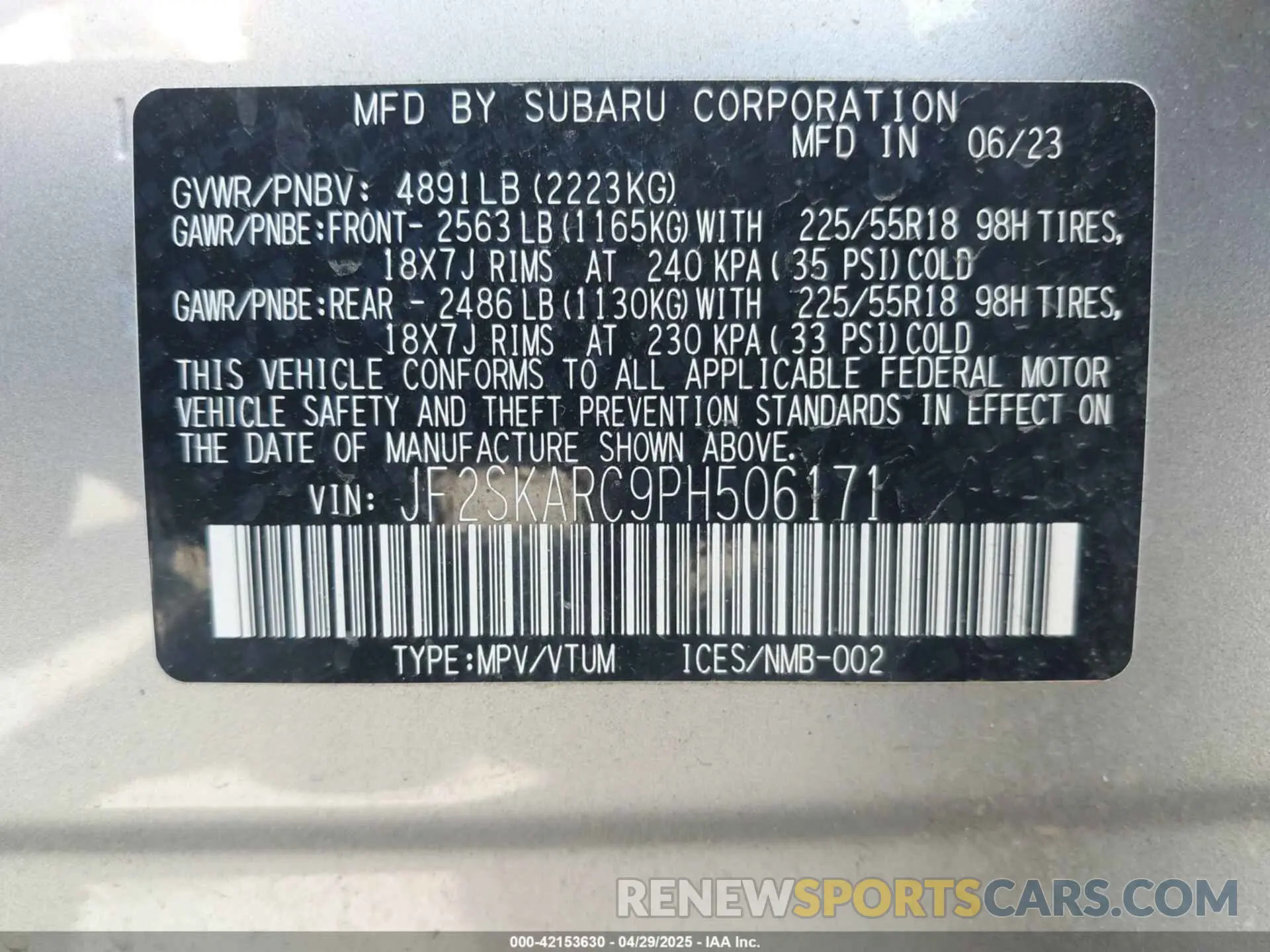 9 Фотография поврежденного автомобиля JF2SKARC9PH506171 SUBARU FORESTER 2023