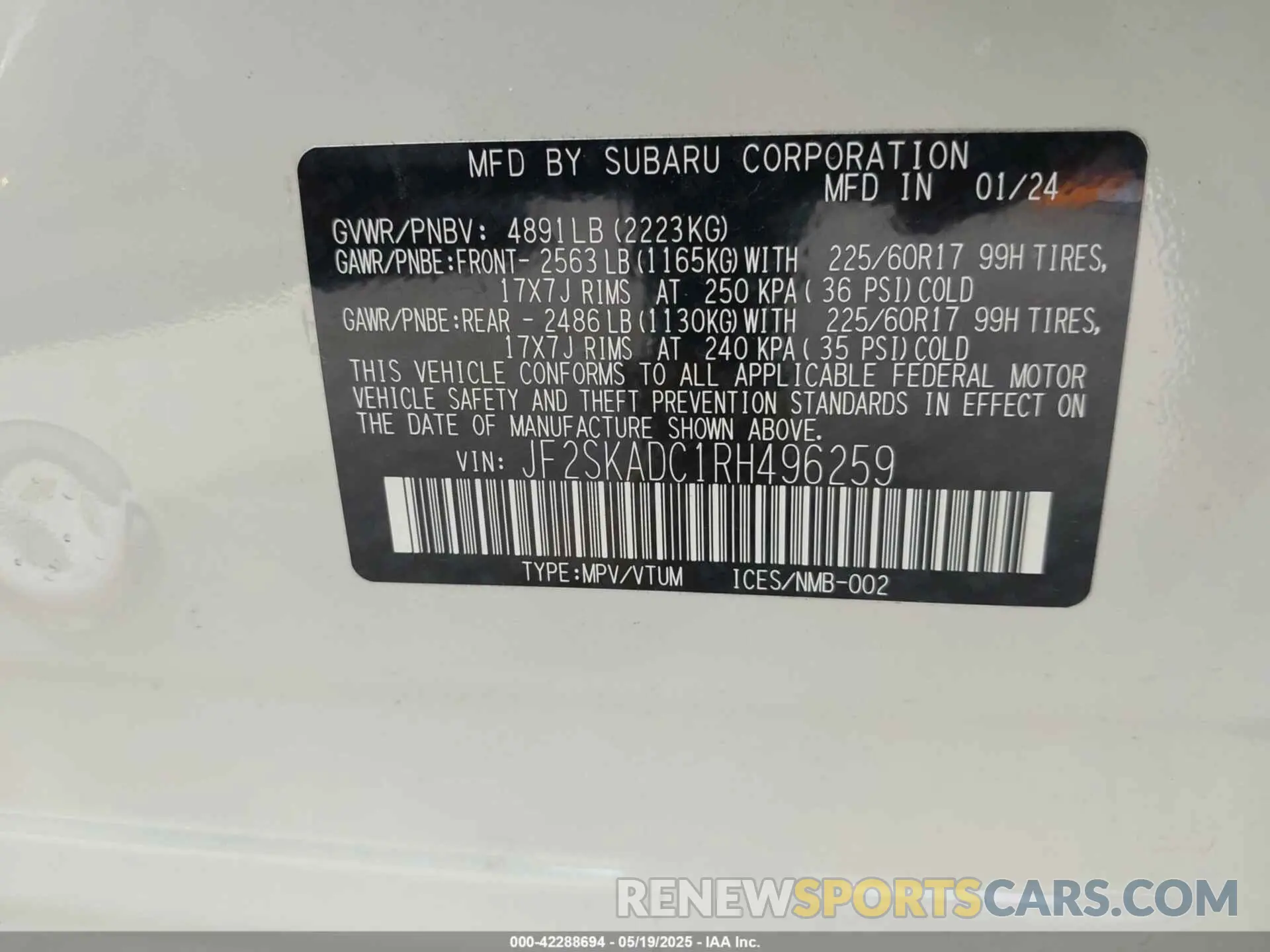 9 Фотография поврежденного автомобиля JF2SKADC1RH496259 SUBARU FORESTER 2024