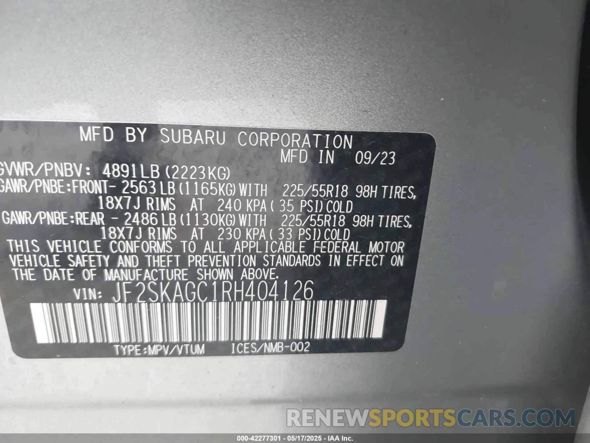 9 Photograph of a damaged car JF2SKAGC1RH404126 SUBARU FORESTER 2024
