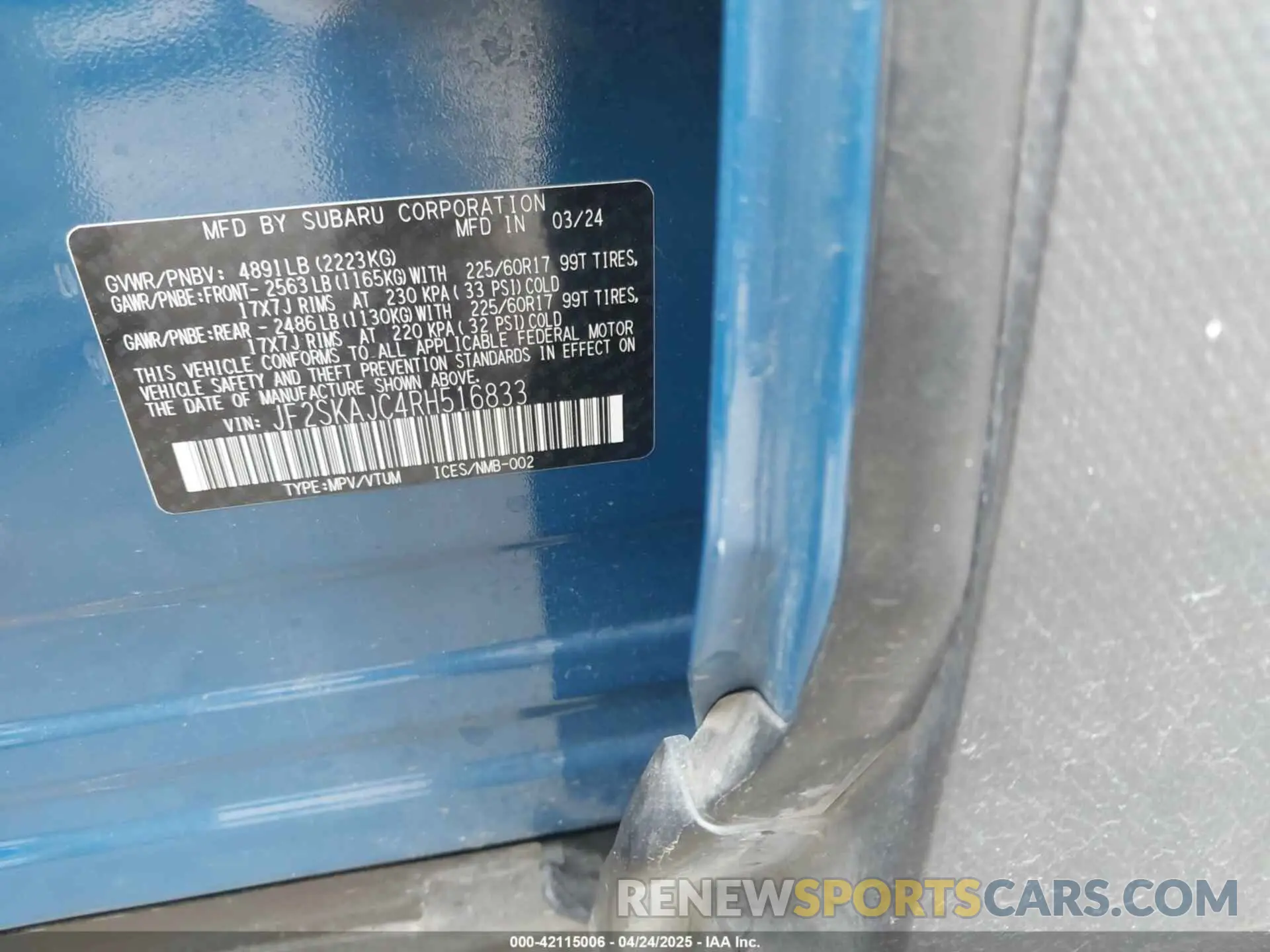 9 Фотография поврежденного автомобиля JF2SKAJC4RH516833 SUBARU FORESTER 2024
