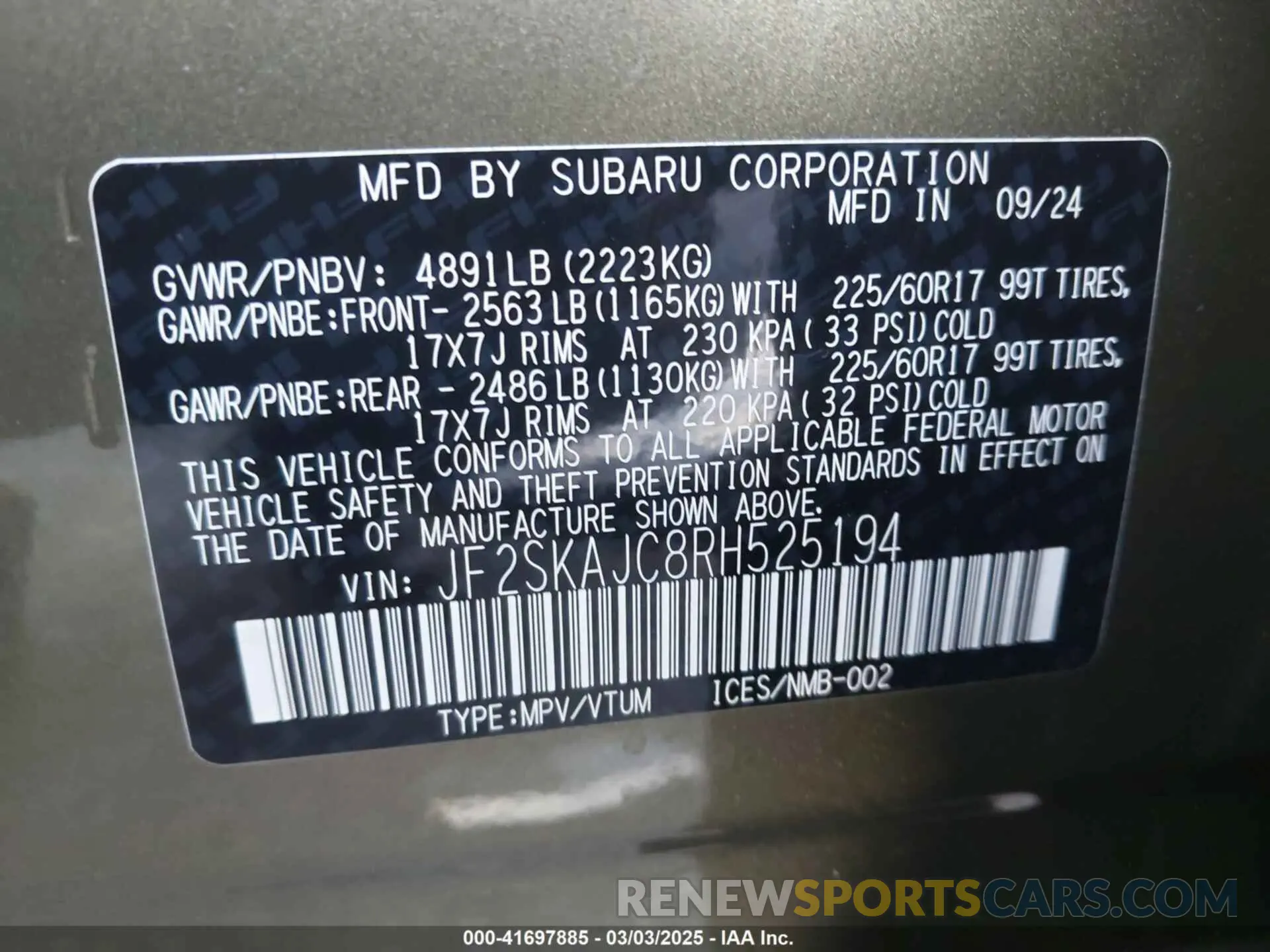 9 Фотография поврежденного автомобиля JF2SKAJC8RH525194 SUBARU FORESTER 2024