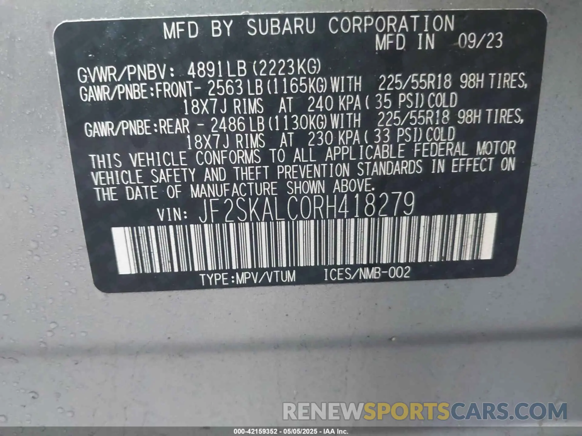 9 Фотография поврежденного автомобиля JF2SKALC0RH418279 SUBARU FORESTER 2024