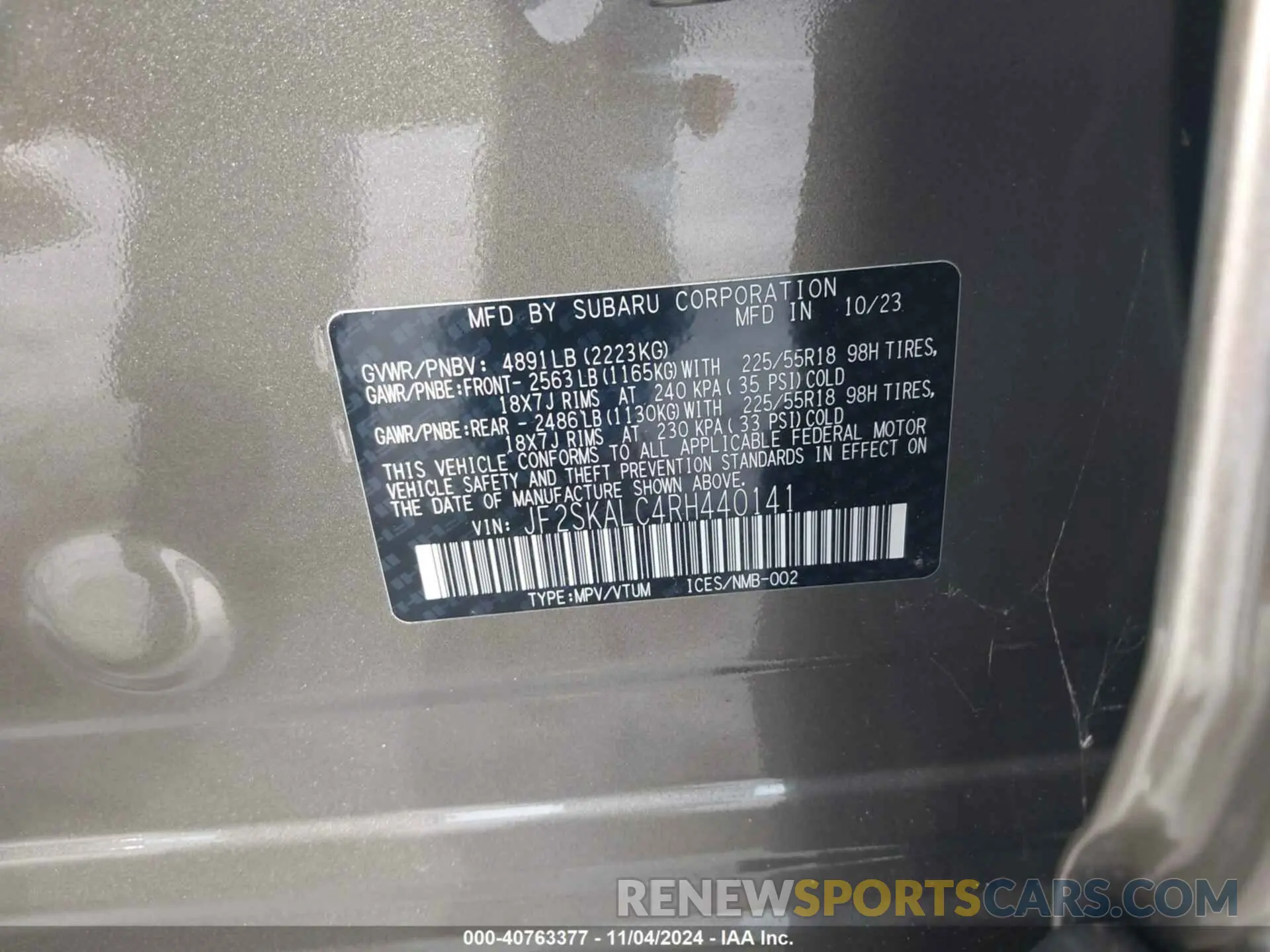 9 Фотография поврежденного автомобиля JF2SKALC4RH440141 SUBARU FORESTER 2024