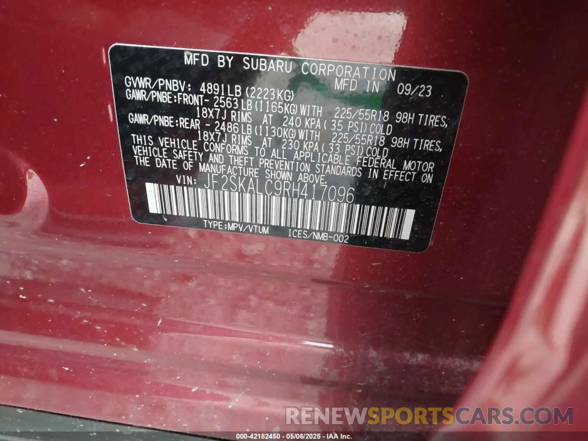 9 Photograph of a damaged car JF2SKALC9RH417096 SUBARU FORESTER 2024