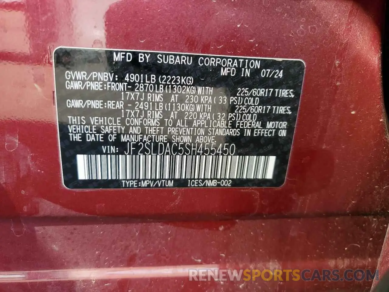 13 Photograph of a damaged car JF2SLDAC5SH455450 SUBARU FORESTER 2025