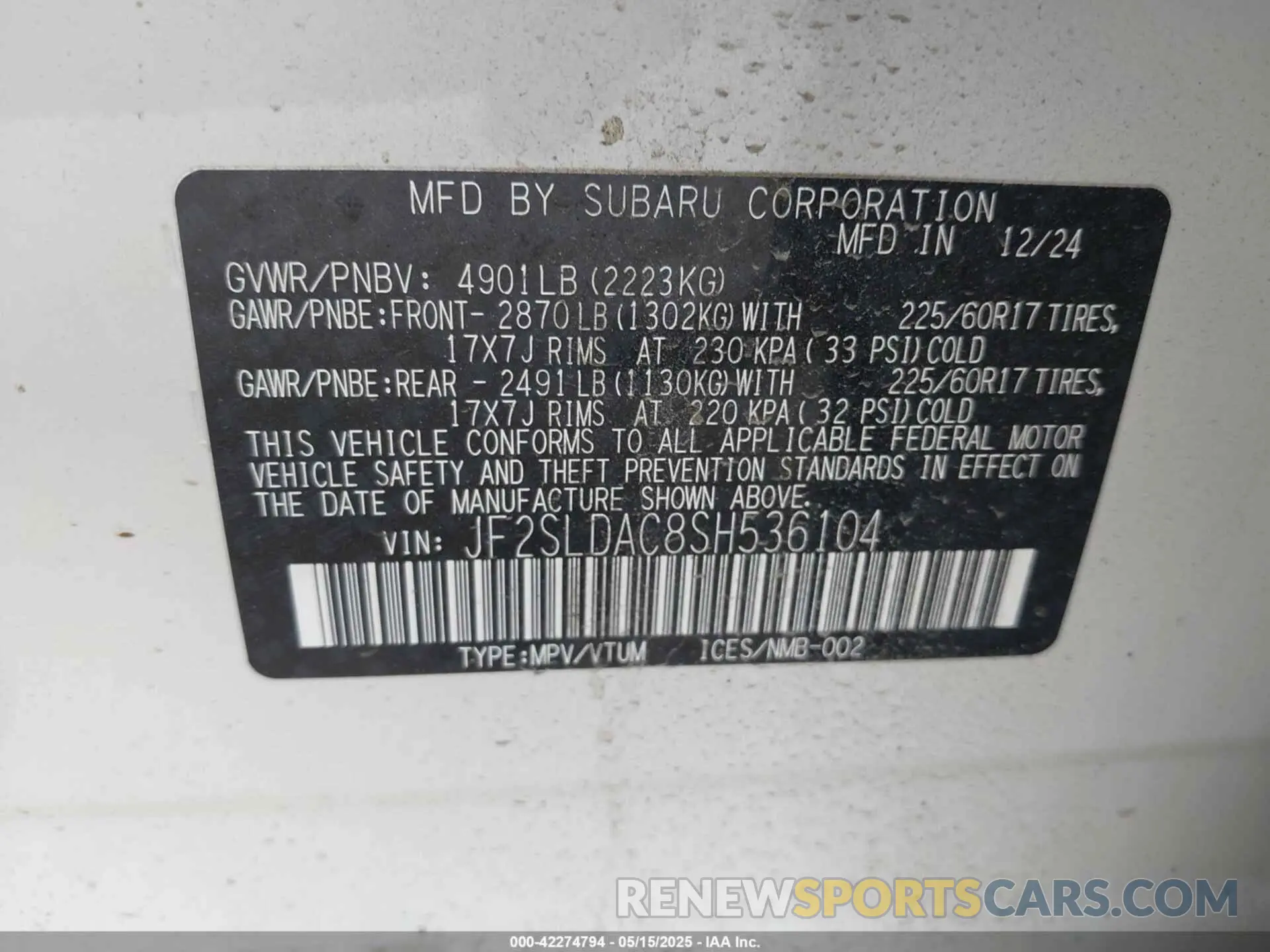 9 Фотография поврежденного автомобиля JF2SLDAC8SH536104 SUBARU FORESTER 2025