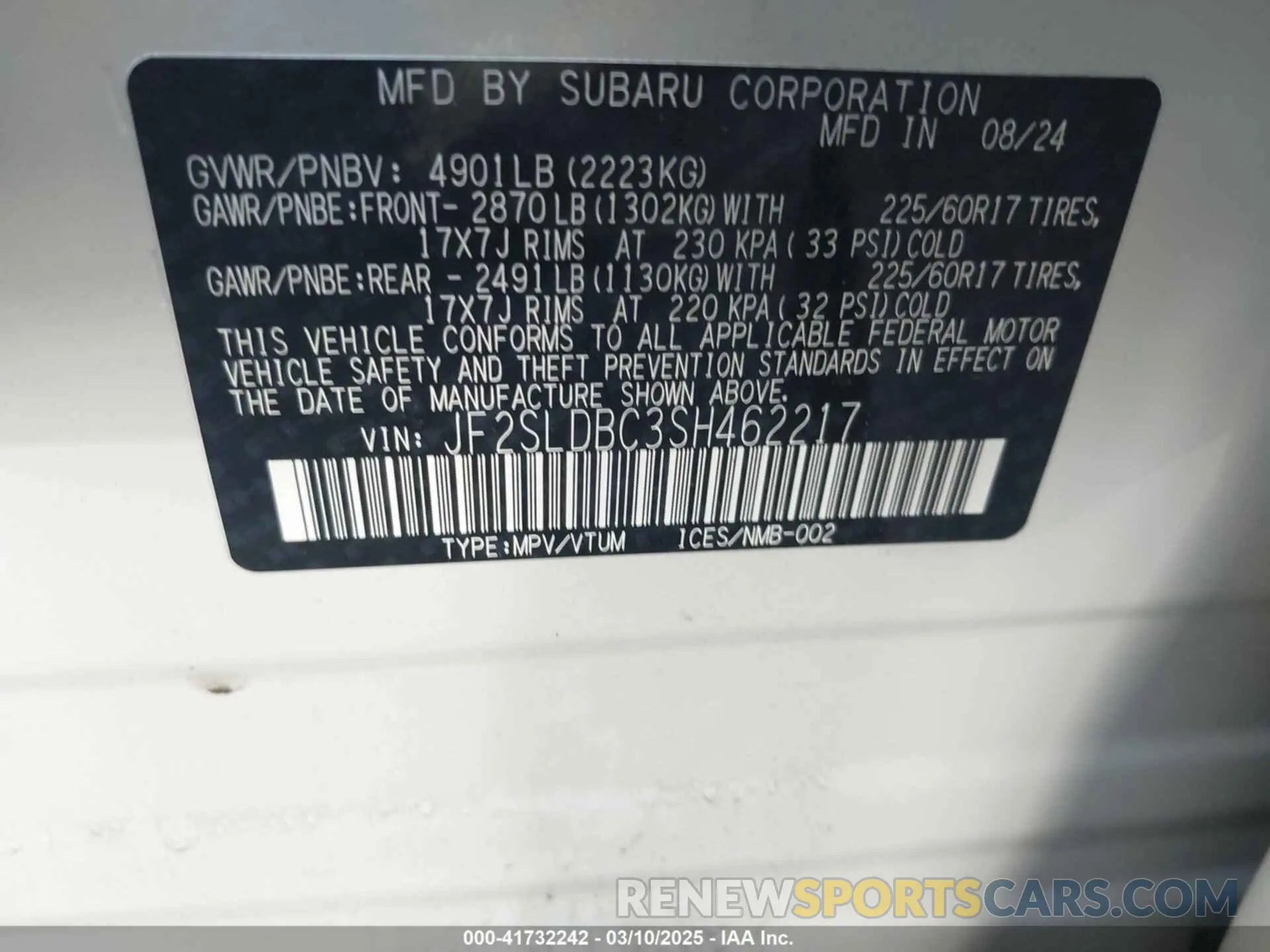 9 Photograph of a damaged car JF2SLDBC3SH462217 SUBARU FORESTER 2025