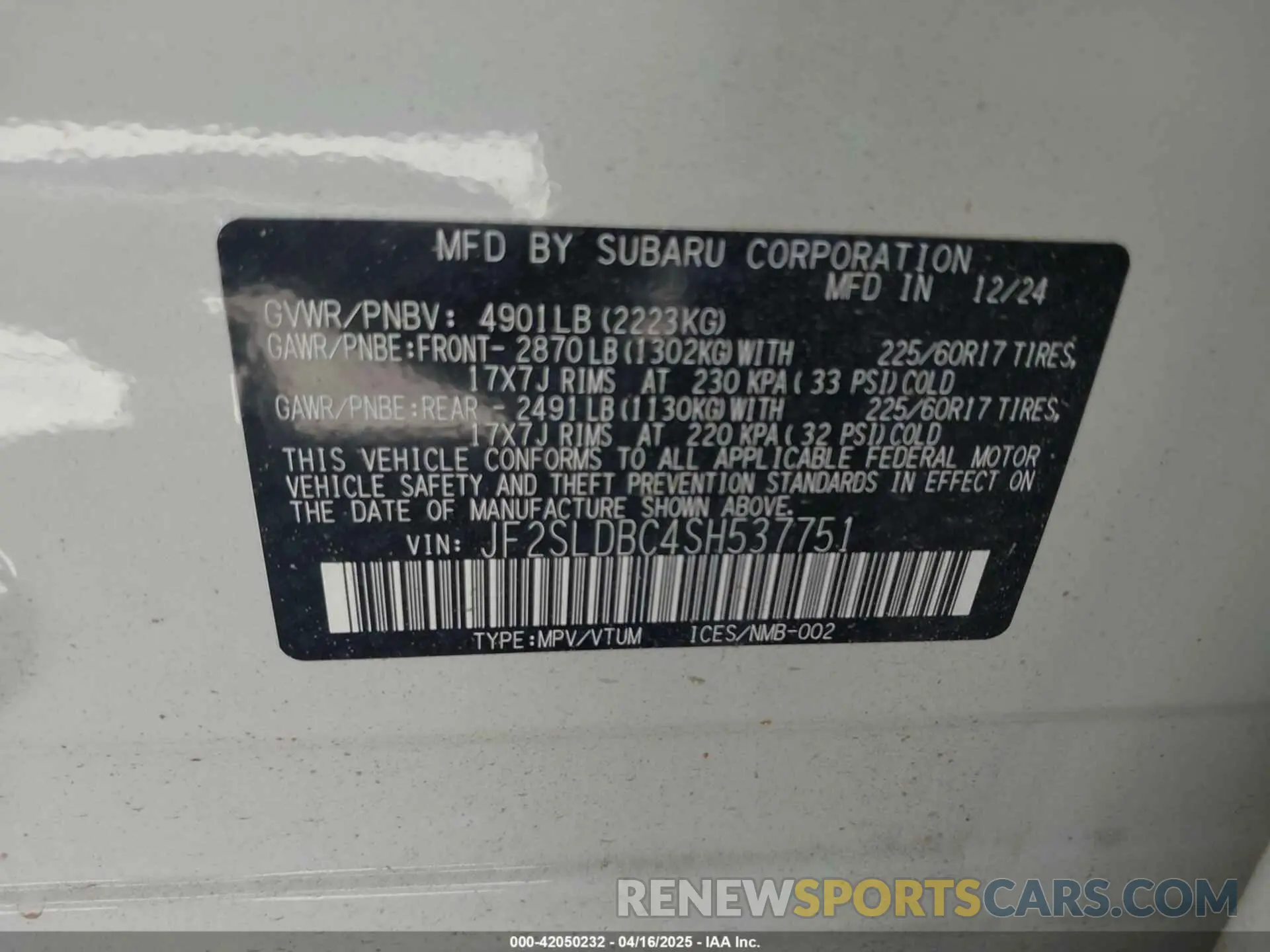 9 Фотография поврежденного автомобиля JF2SLDBC4SH537751 SUBARU FORESTER 2025